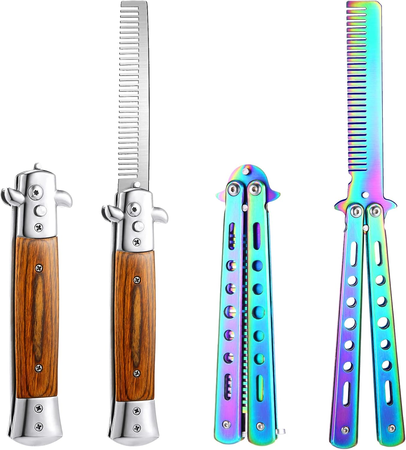 Chengu 2 Pieces Wood Grain Switchblade Blade Pocket Hair Brush Comb Automatic Push Button Brush and Folding Butterfly Stainless Steel Training Practice Comb Outdoor(Black)