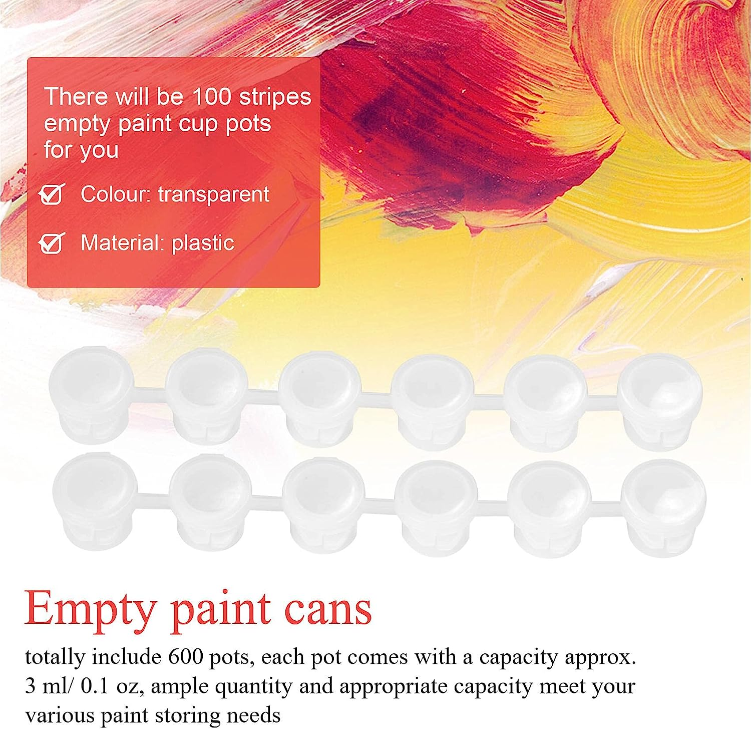 Spacesea 100 Strips 600 Pots Empty Paint Strips Paint Cup Clear Plastic Storage Containers Painting Craft Supplies(3 Ml/ 0.1 Oz) image number 1