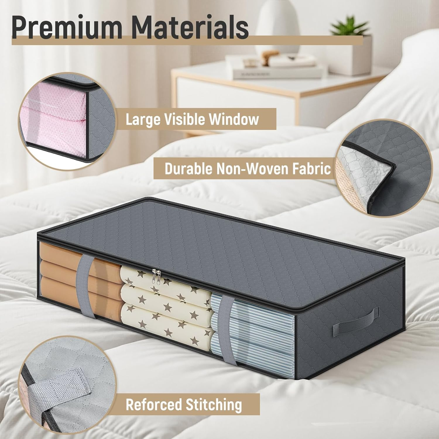 2Pcs Underbed Storage Bags,Foldable Large Underbed Storage Organiser Containers, Window Fabric Clothes Storage Boxs with Zips and Reinforced Handle for Blanket，Comforter/Bedding/Quilts image number 5