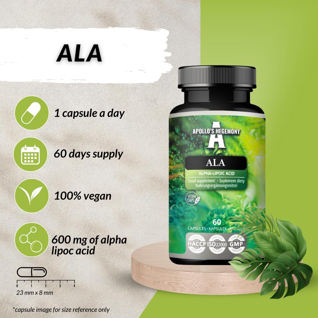 ALA (Alpha Lipoic Acid) 600 Mg - 60 Vegan Capsules - Optimizes Glucose Management - Supports Mitochondrial Health - Two Month Supply - by Apollo'S Hegemony image number 4