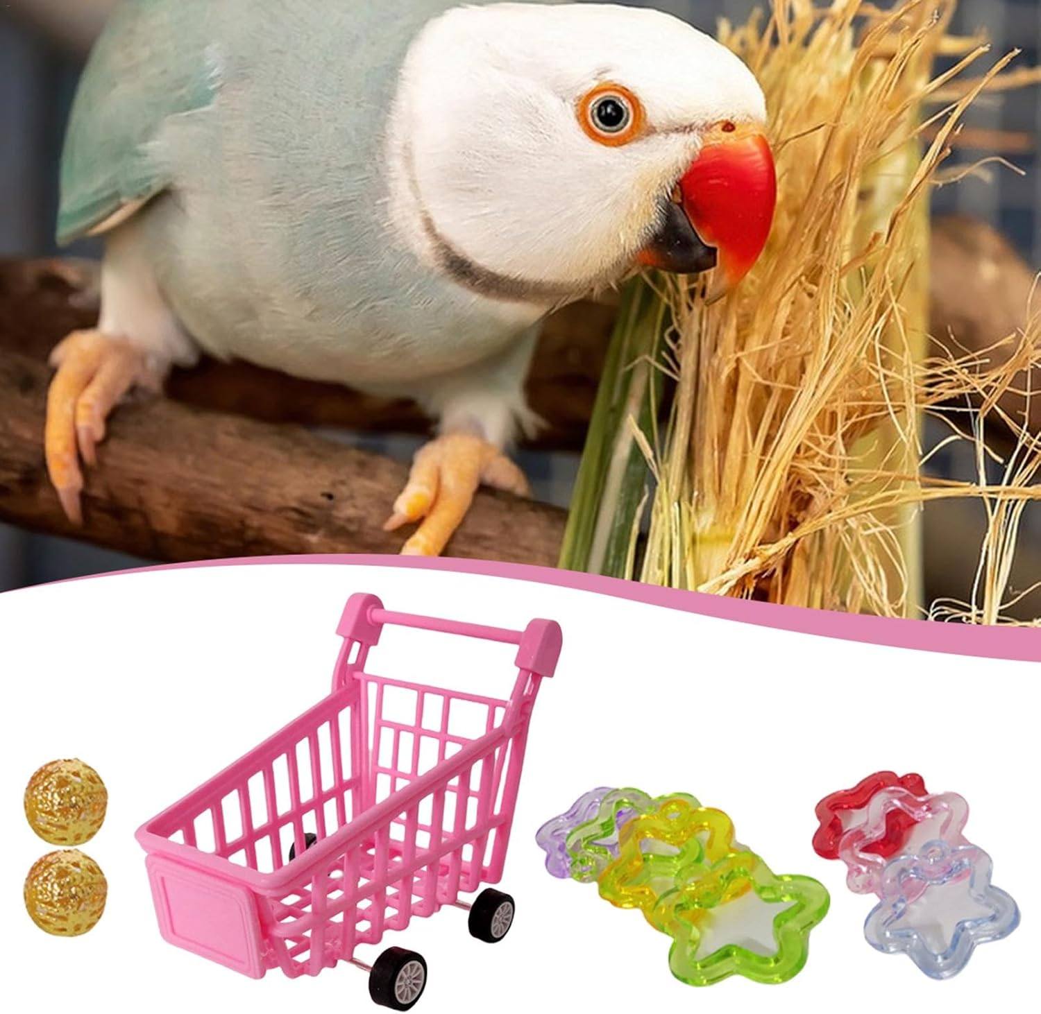 Shurzzesj Bird Shopping Cart Toy - Supermarket Handcart Toy for Parrots - Bird Parrot Puzzle Toy Shopping Cart Ball Toy Bird Educational Training Toy for Conure Parrot Budgie Parakeet