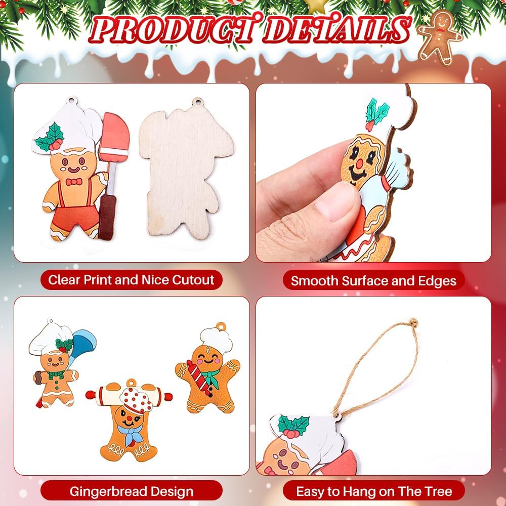 AUTOWT 30Pcs Wooden Gingerbread Christmas Ornaments Set, Assorted Ginger Man Hanging Decorations with Strings, Snowman Xmas Tree Hanging Figurine for Christmas Festive Season Holiday Party Home Decor image number 4