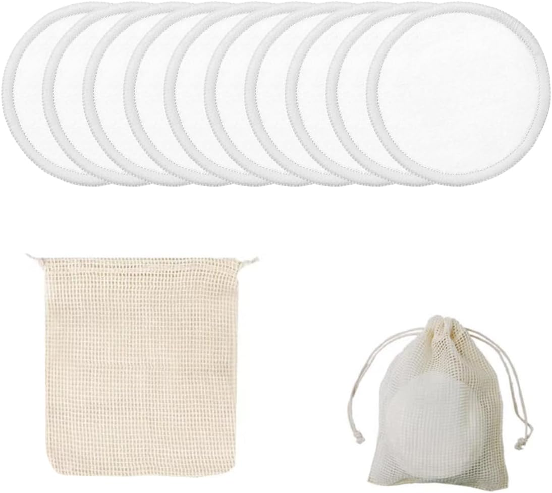 10 Pcs Reusable Makeup Remover Pads, Eco-Friendly Cotton & Bamboo Rounds for Toner, Exfoliants & Makeup Removal with Washable Storage Bag, Gentle on Skin, Suitable for Sensitive Skin Types