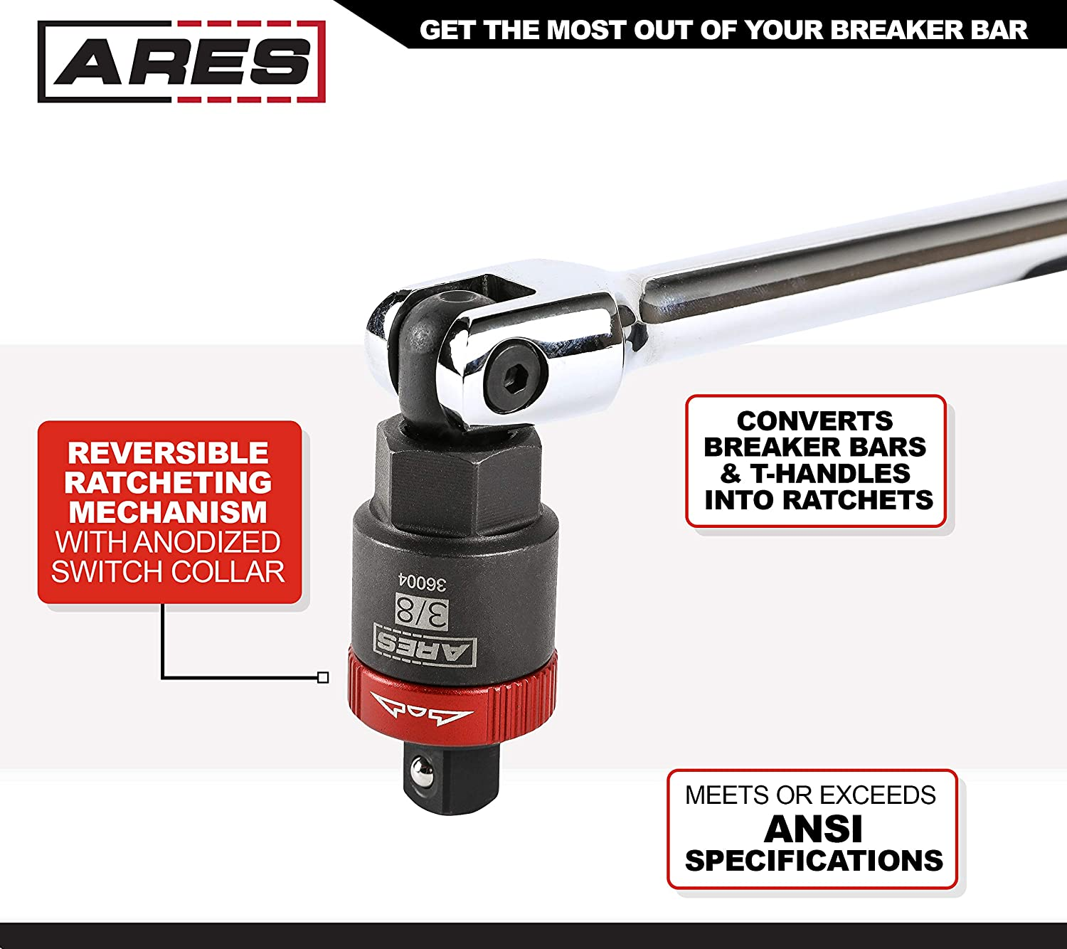 ARES 36004-3/8-Inch Drive Ratcheting Breaker Bar Adapter - Converts Breaker Bar or Sliding T-Handle into Ratchet - Reversible Ratcheting Mechanism with Anodized Switch Collar image number 1