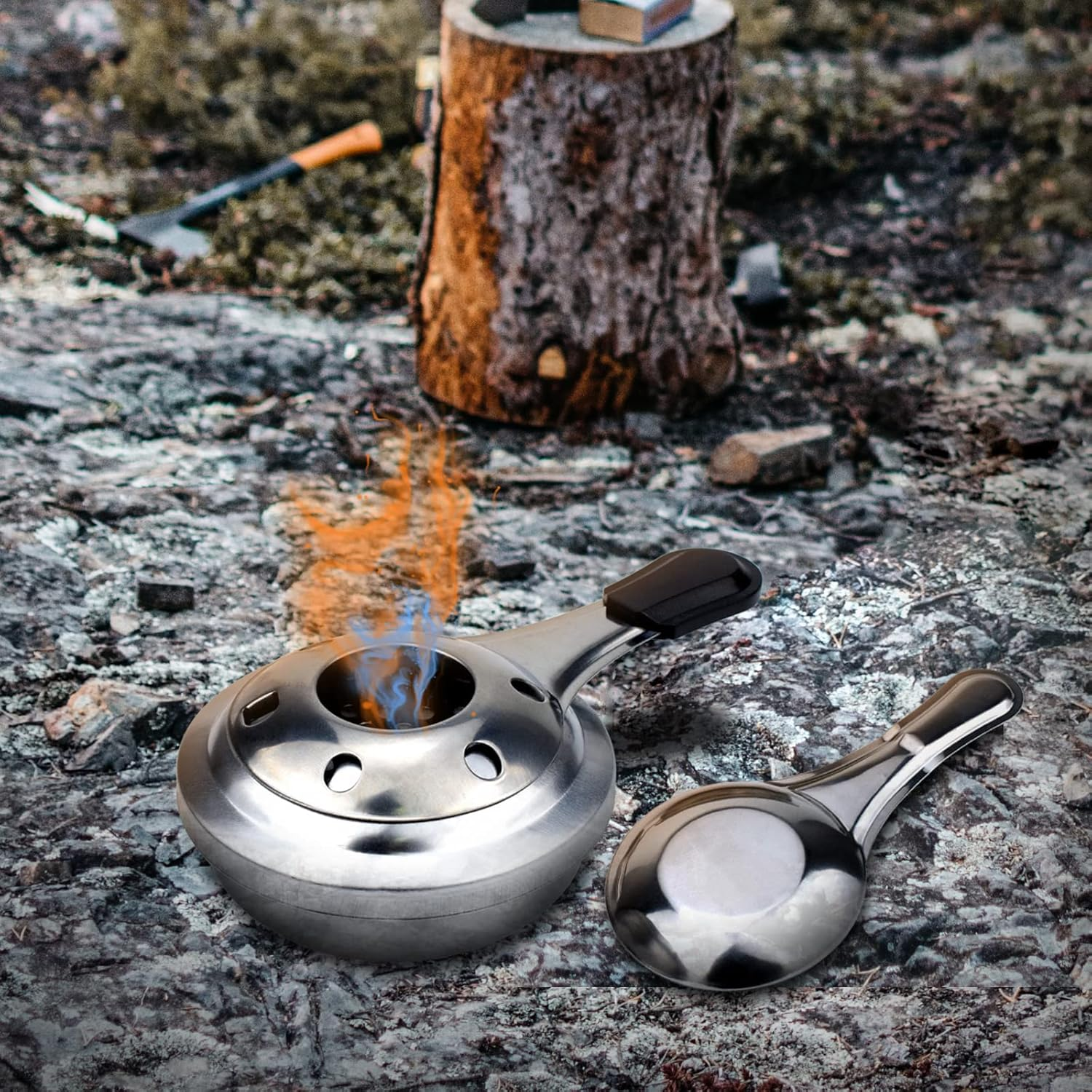 YUNFANG Mini Alcohol Stove, Frame Adjustable, Stainless Steel, Portable, Anti-Scalding Handle, Suitable for Fondue, Hotpot, Hiking, Camping - Silver image number 5