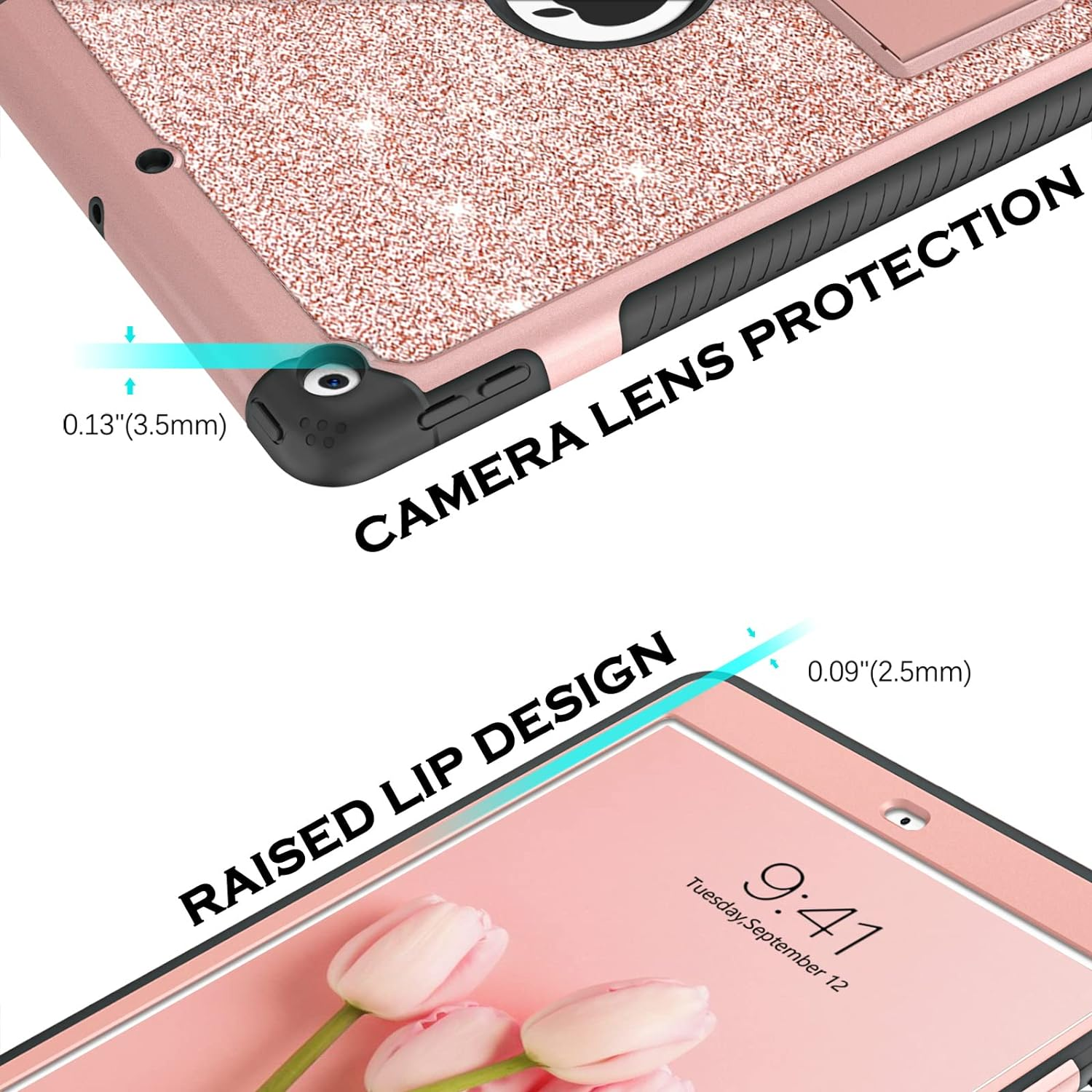 YINLAI Ipad 10.2 Case for Ipad 9Th 8Th 7Th Generation, Slim Glitter Bling Table Case for Kids Girls Women with Stand Shockproof Protective Cover Ipad 10.2 Inch 2021/2020/2019, Rose Gold/Pink image number 2