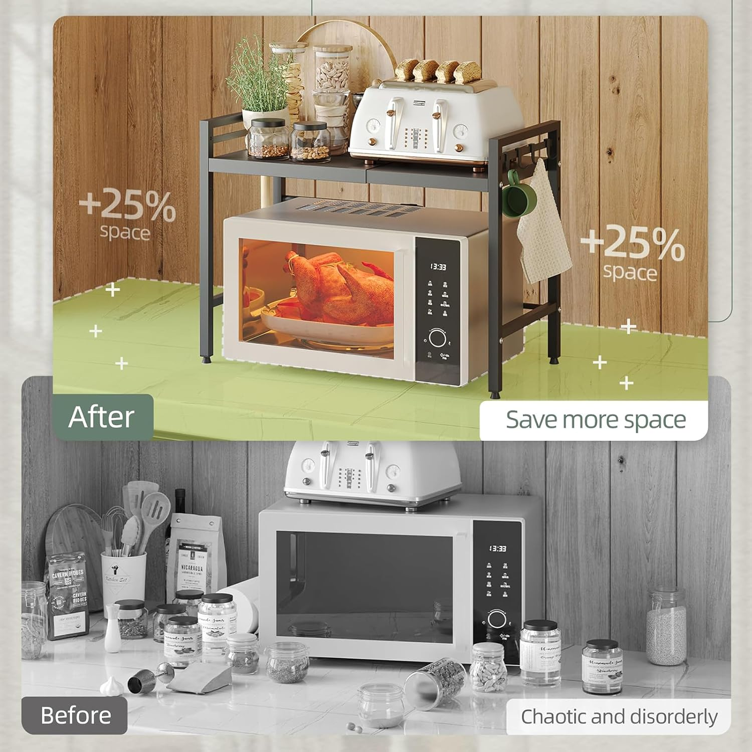 Neulsun Expandable Microwave Stand, 2 Tier Metal Kitchen Countertop Organizer Shelves with 6 Hooks, Microwave Shelf, Microwave Oven Rack (Black) image number 1