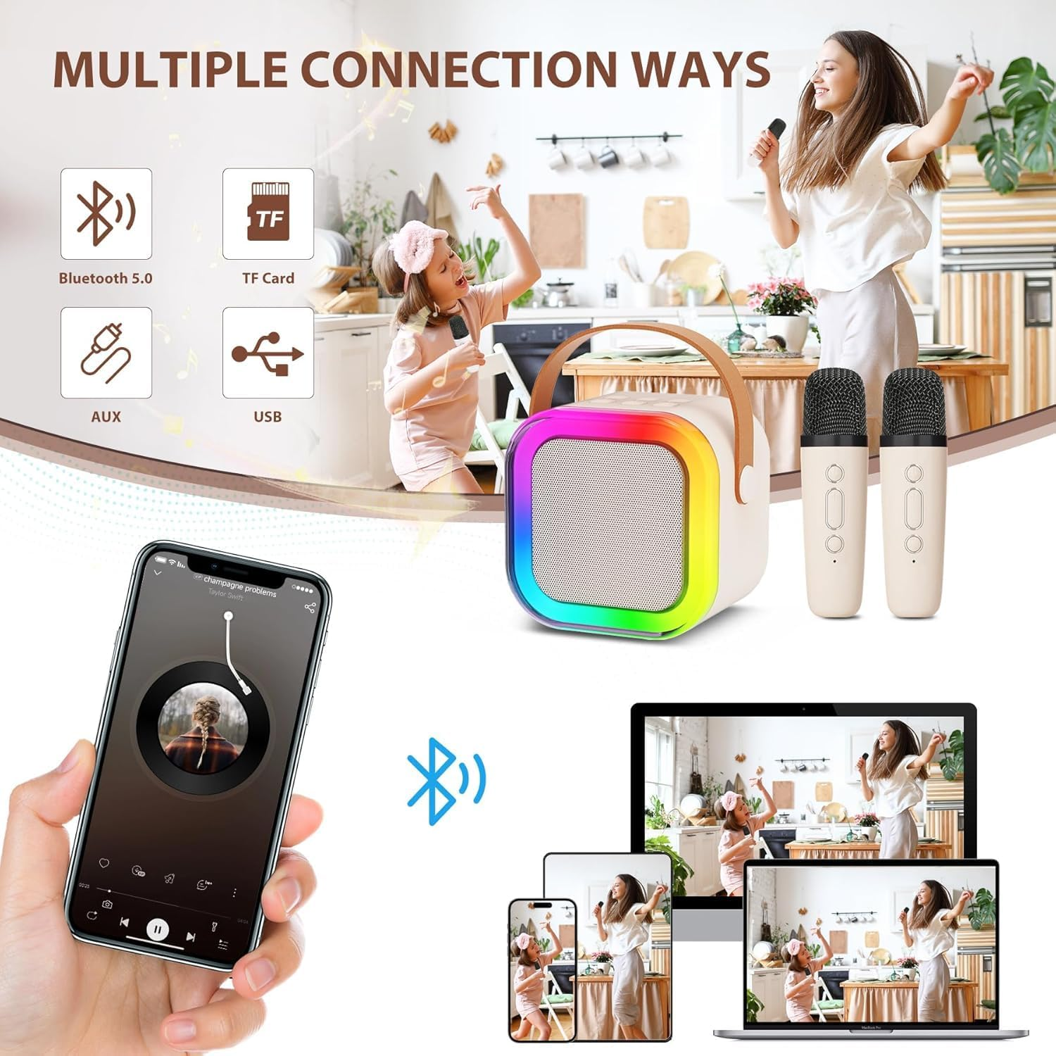 Karaoke Machine,Portable Karaoke Machine with 2 Wireless Microphone, Mini Bluetooth Speaker for Adullts and Kids, Best Gifts Toys for Kids Gifts -White