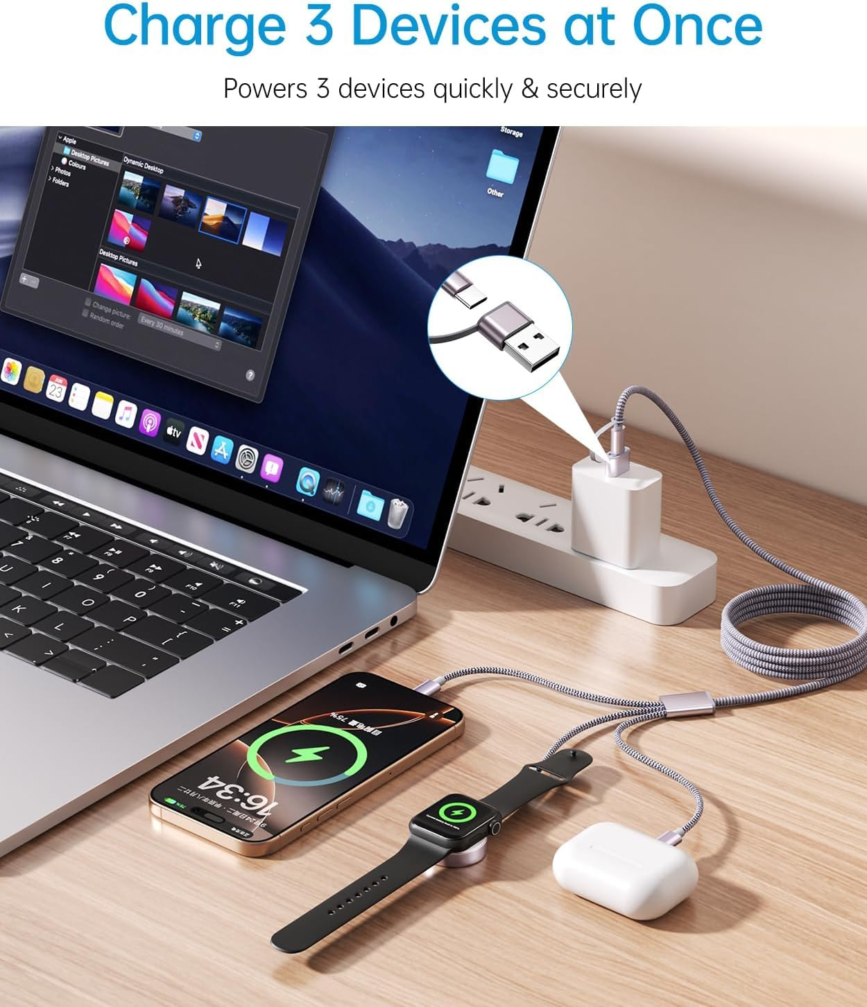 Mchifrys 3-In-2 Charger Cable for Apple Watch & Iphone, USB-C Multi Charging Cord, Compatible with Iphone 17&ndash;12, Iwatch Ultra/Se/10&ndash;1, Lightning/Type-C, 1.25M Travel Cable image number 3