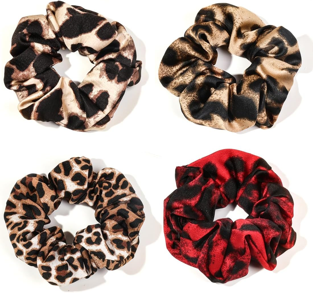 Gaodercha Pack of 4 Soft Hair Scrunchies 4 Styles Retro Hair Ties with Leopard Print Elastic Hair Bands Ropes Leopard Print Scrunchie Ponytail Holder Accessories for Long or Thick Curly Hair image number 2