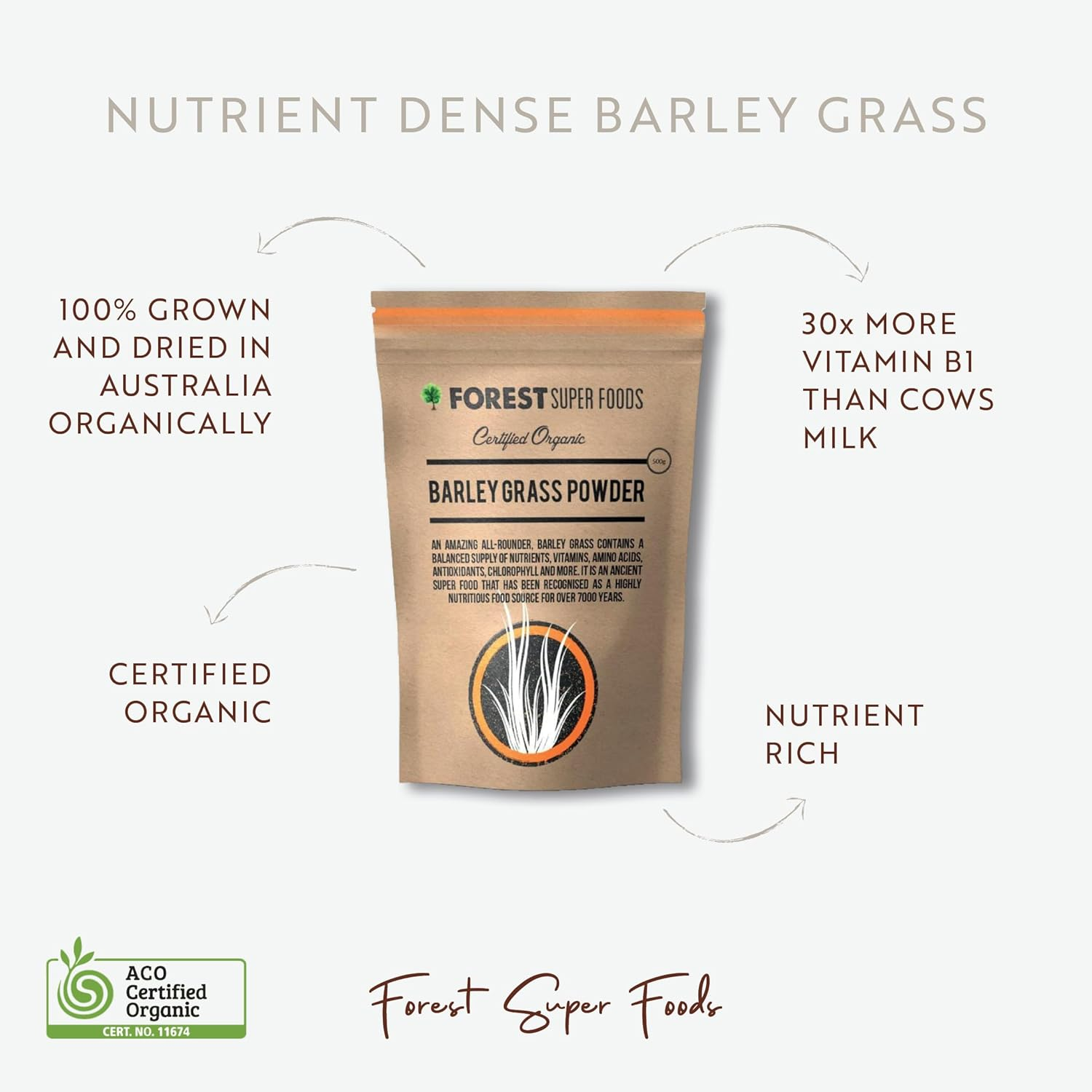 Forest Super Foods Young Barley Grass Powder Certified Organic Australian Grown 4000Mg Gluten-Free Detox Rich in Chlorophyll Vitamins & Minerals Premium Quality for Gut Health image number 5