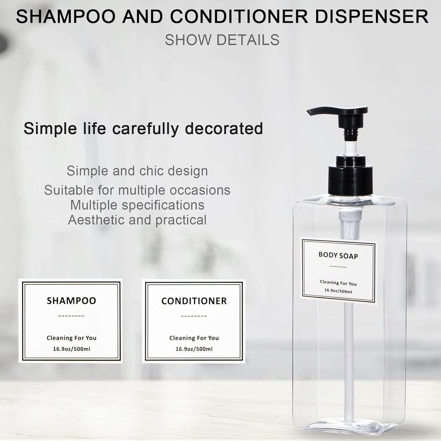 Yeeco Plastic Shampoo and Conditioner Dispenser - Refillable Pump Bottles, 16.9Oz/500Ml, 3 Packs for Bathroom, Kitchen, Hotel - Clear Blue - Clear image number 2