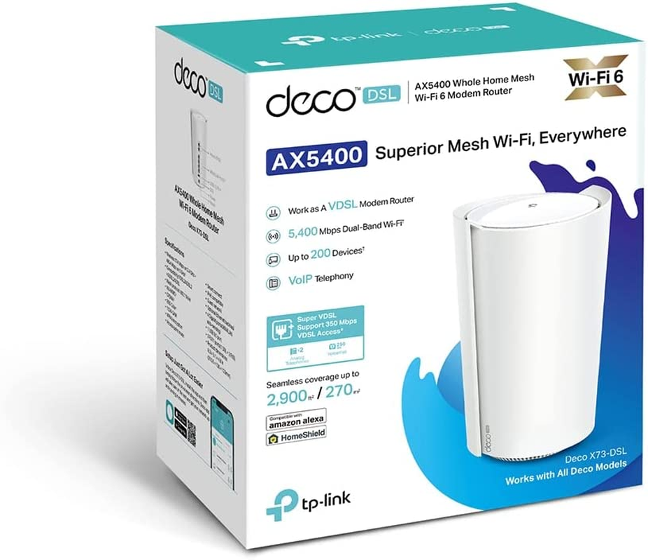 Tp-Link Deco AX5400 VDSL Whole Home Mesh Wi-Fi 6 Modem Router, Dual-Band, Fully Gigabit Ethernet, 3 RJ11 Ports, Seamless Roaming, Homeshield Security, Compatible with Starlink (Deco X73-Dsl(1-Pack)) image number 1
