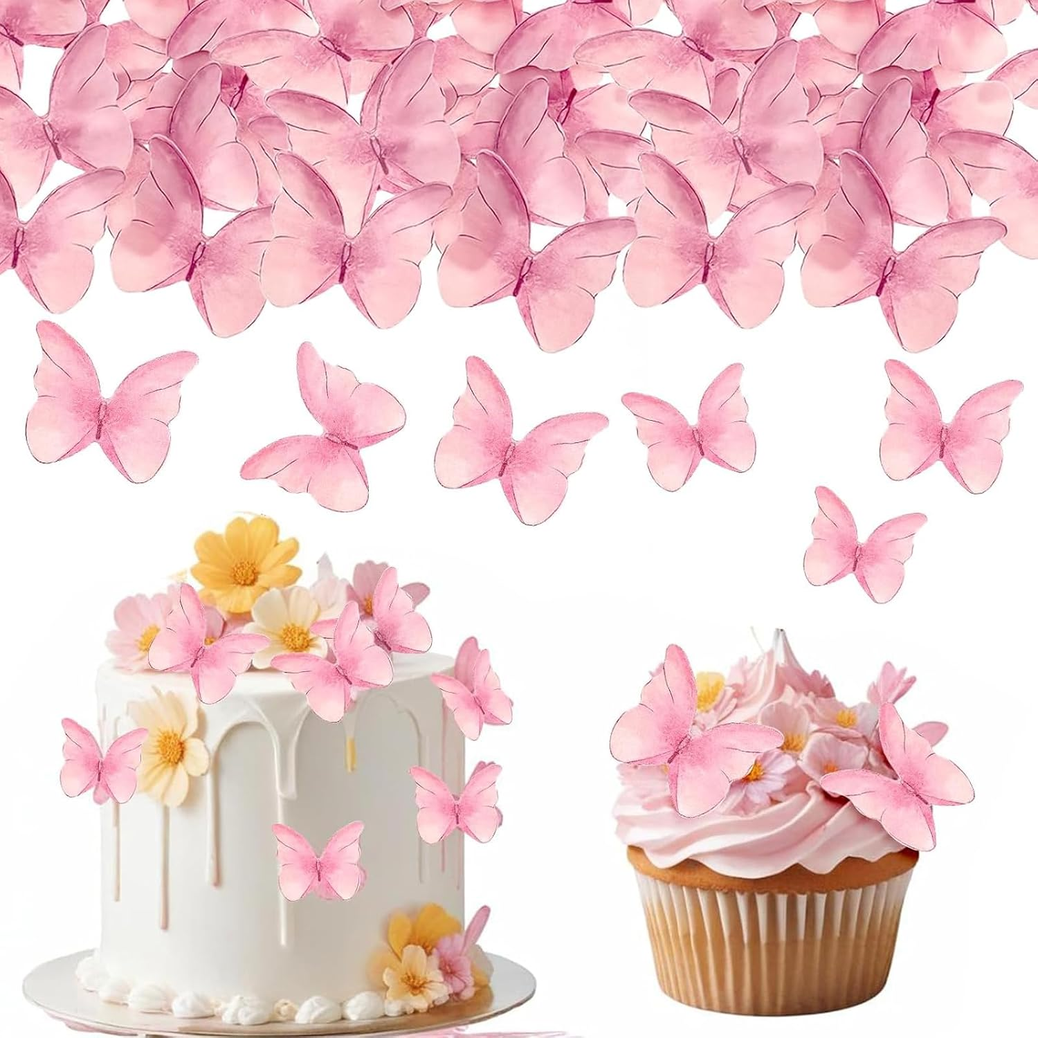 Jotia 48Pcs Butterfly Birthday Cake Topper Decoration, Edible Butterfly Cake Topper 3D Colorful Realistic Cake Topper Edible Butterfly Cake Decorations Edible Wafer Paper for Birthday (Pink)
