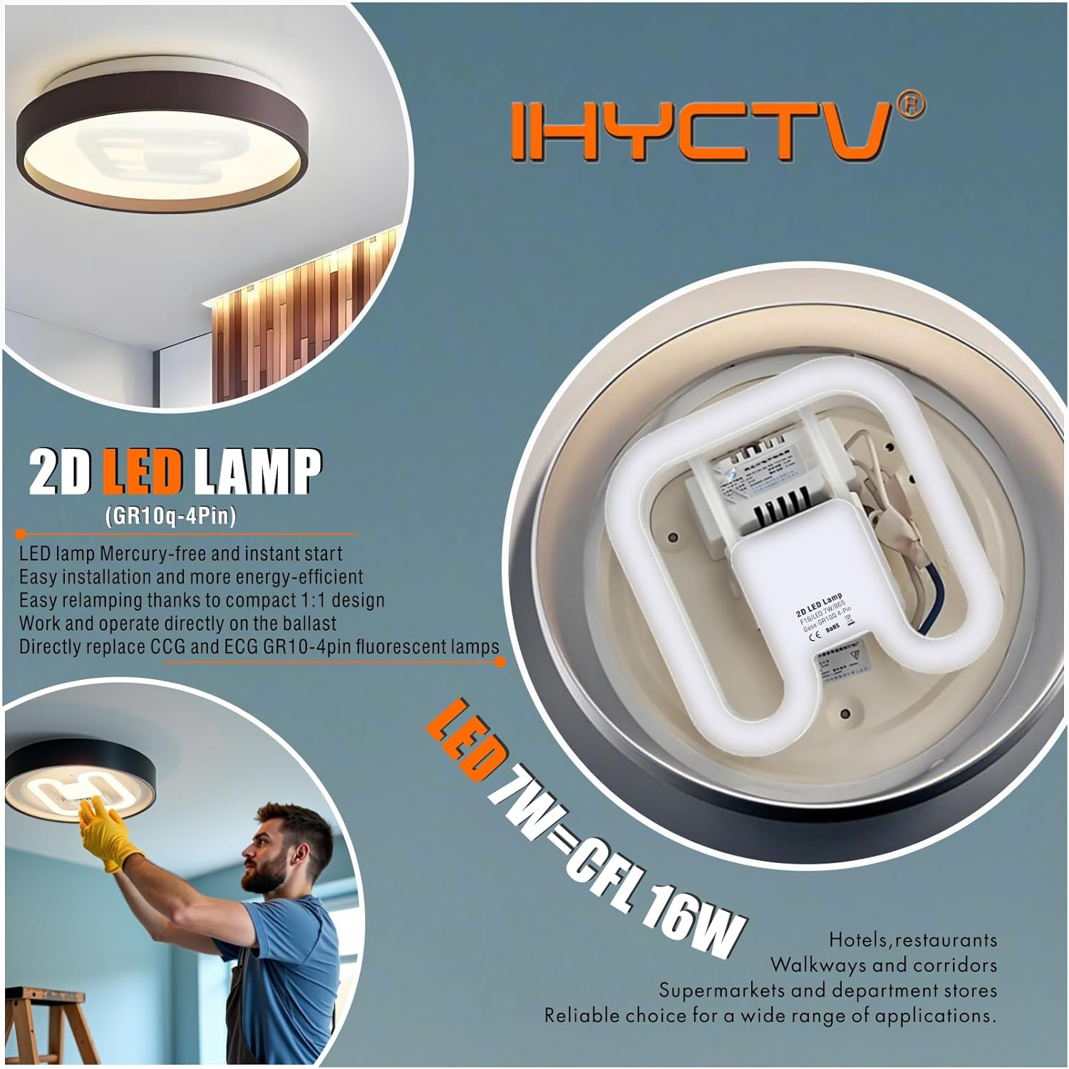 IHYCTV Gr10Q 4-Pin LED 2D Light 7 W, 1000 Lumen 6500 K Daylight White, [ECG/KVG Compatible] Direct Replacement for 16 W CFL, without Rewiring, IP20, for Commercial & Industrial (Pack of 1) image number 3