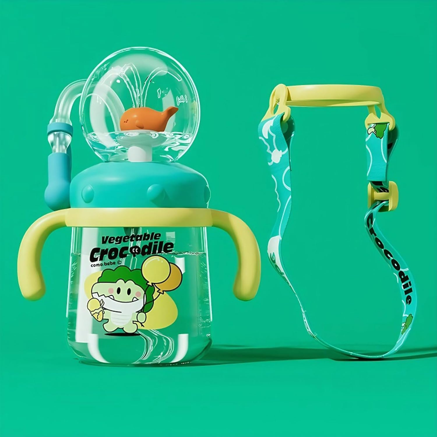 Drinking Cup with Whale Squirt, Weighted Sippy Cups with Adjustable Straps, 300Ml Whale Water Cups with Silicone Soft Tip, Portable Leak Proof Straw Sippy Cup for Kids(Green, Plastics)