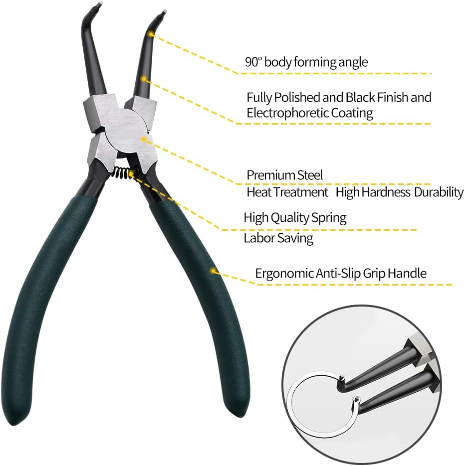 Snap Ring Pliers Set, 4Pcs 7" Internal/External Circlip Pliers Kit with Straight/Bent Jaw, Heavy Duty Precision Spring Loaded Pliers for Ring Remover Retaining and Remove Hoses, Gaskets image number 6