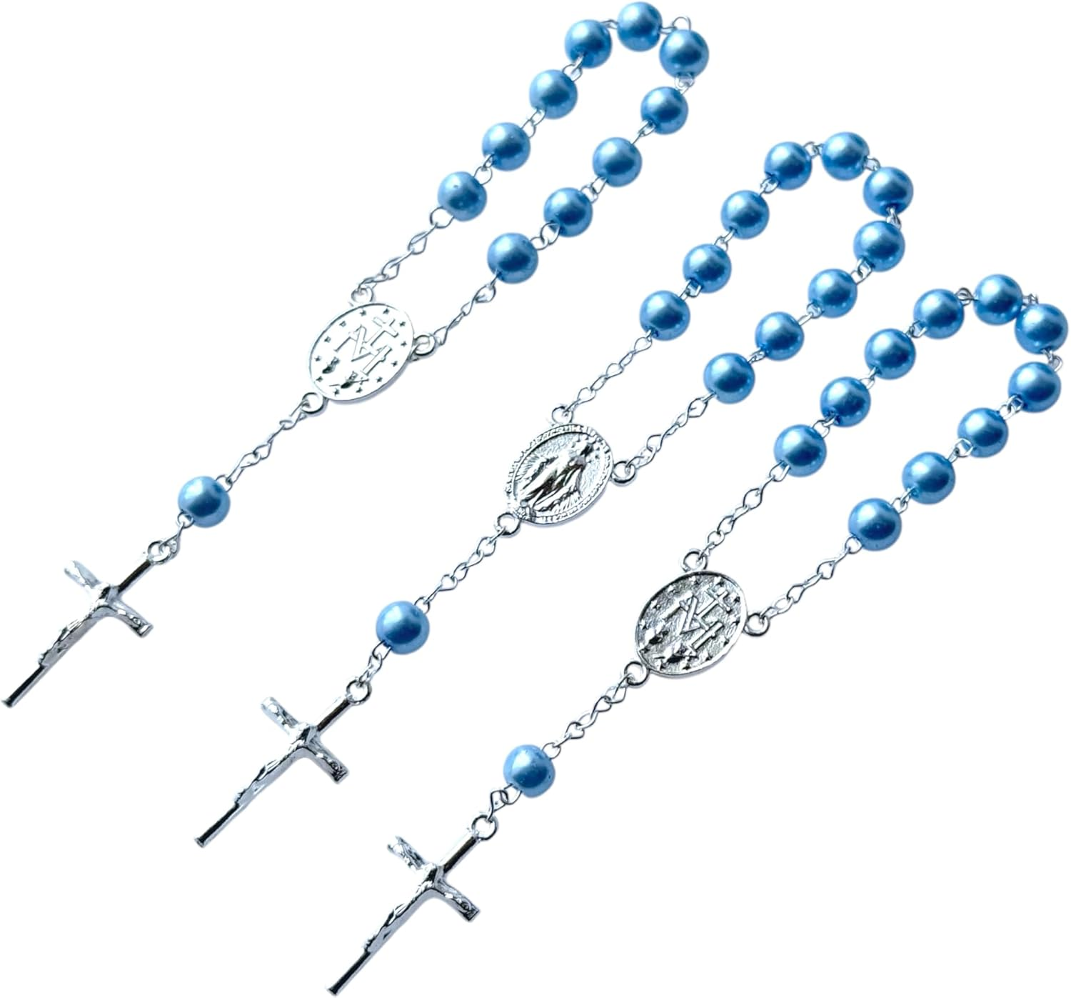 25 Pc Baptism Favors Baby Blue Crystal Pearls Silver Plated Mini Rosaries/Recuerdos De Bautismo/Christening Favors/Decenarios/Recuerdos De Bautizo Perlas Azul Cielo, Glass image number 3