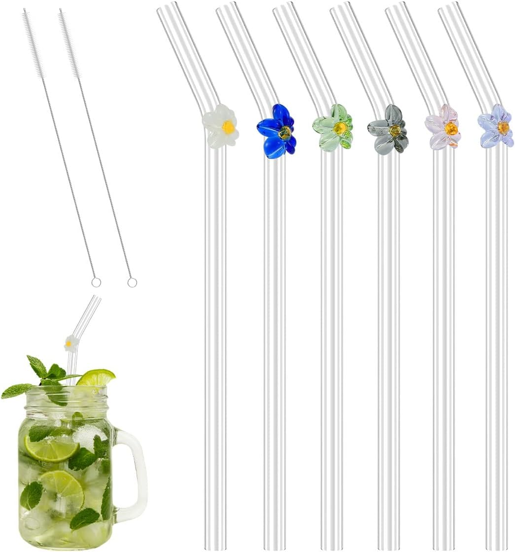 6Pcs Reusable Drinking Straws Clear Glass Drinking Staws with Cleaning Brush Cute Flower Heart Straws for Smoothies Tea Juice Milkshakes (Turtle)