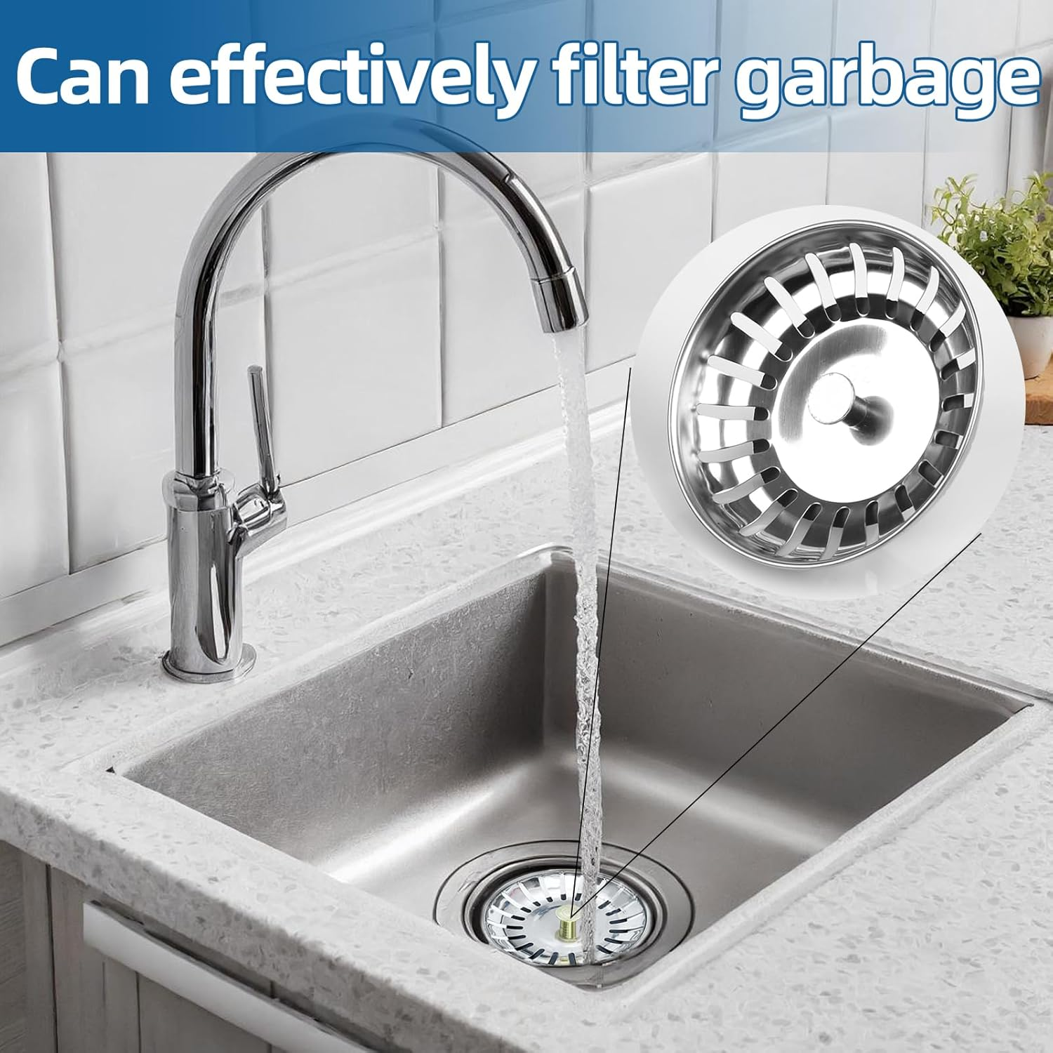 Sink Strainer Plug 304 Stainless Steel, Kitchen Waste Sink Plugger with Rubber Basket Filter & 20 Large Holes, Drain Filter Stopper Combo for Kitchen Bathroom Indoor Outdoor Use (2 Pcs, 82Mm) image number 4