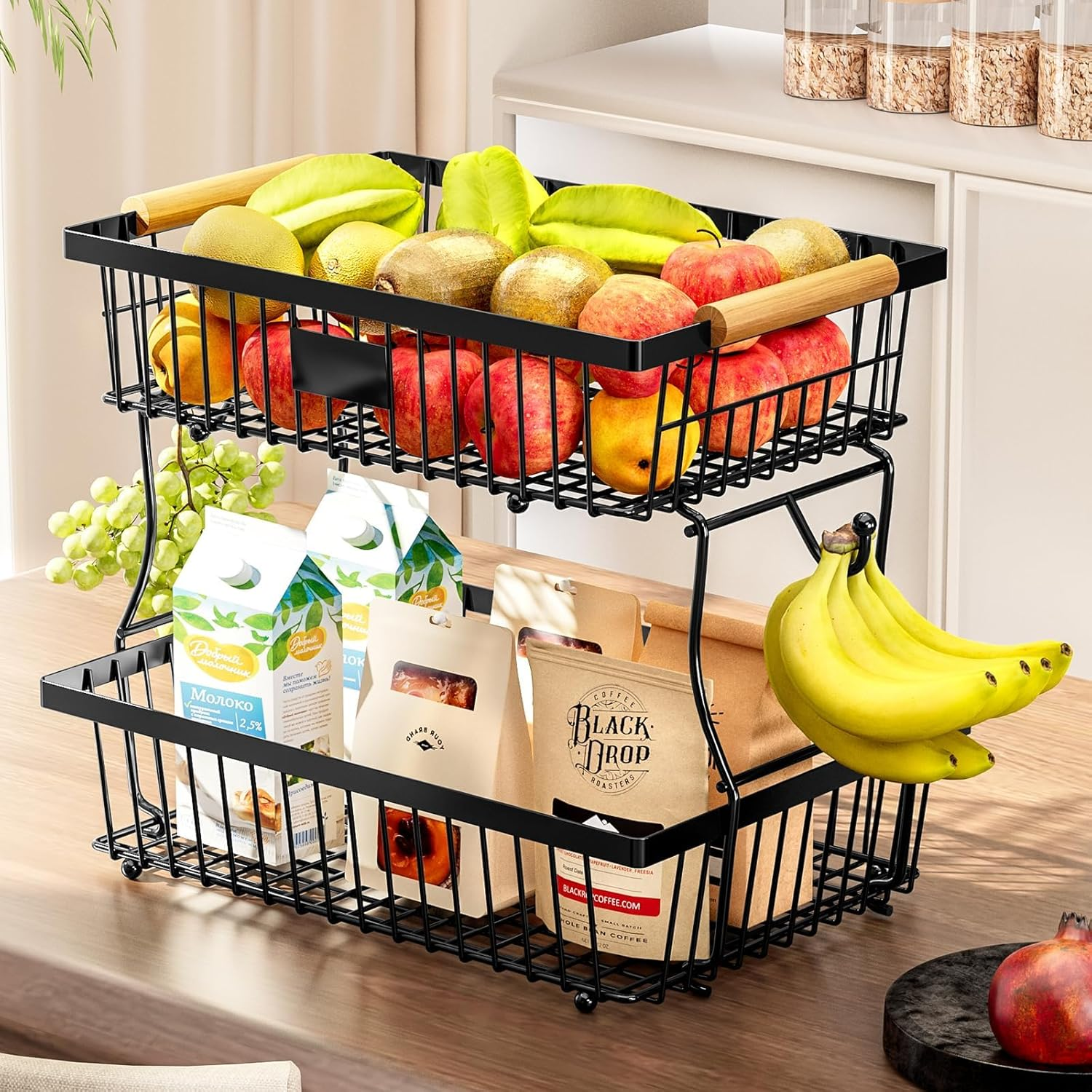 2 Tier Countertop Fruit Basket Bowl with 2 Banana Hangers, Kitchen Counter Metal Wire Fruit Storage Basket Stand Holder Organiser for Bread Snacks Veggies Produce image number 2