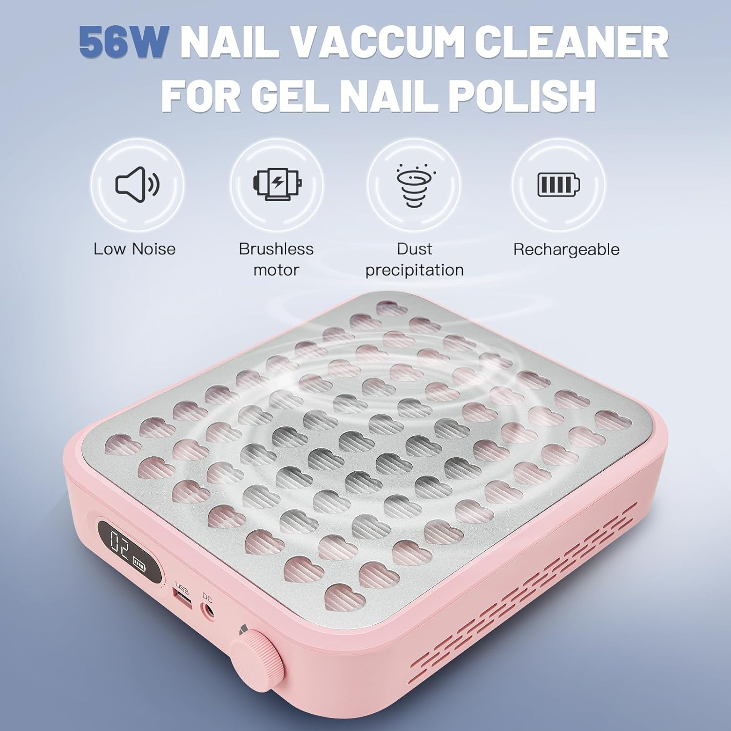 Madenia Rechargeable Nail Dust Collector: 56W Professional and Powerful Nail Vacuum Cleaner with 30000RPM Adjustable Speed - Quiet Nail Vacuum Extractor for Nail Studio & Home (Pink) - Pink image number 6