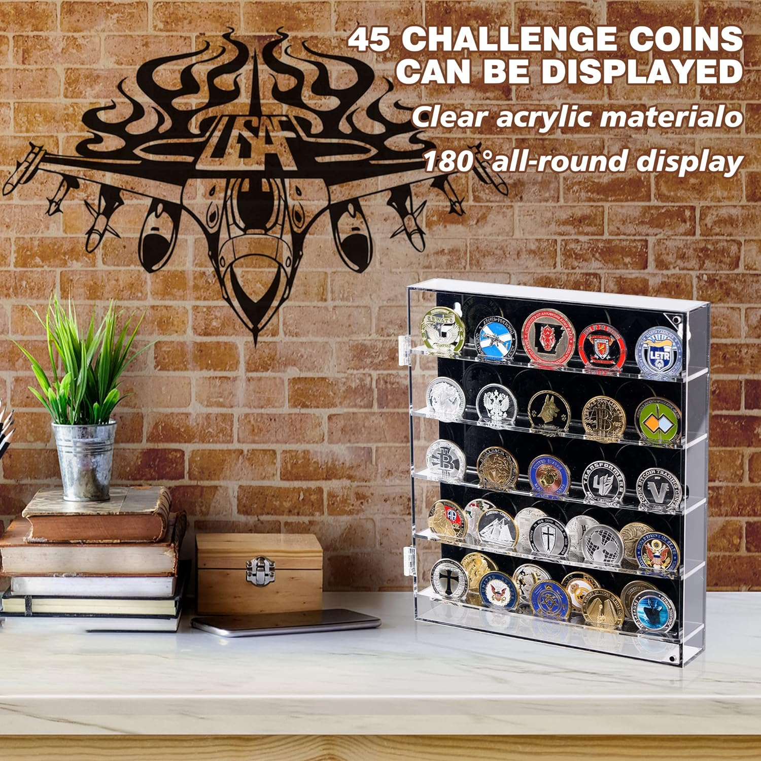 Military Challenge Coin Display Case Lockable Cabinet Rack Holder Shadow Box with Removable 2 Grooves Shelves and anti Fade Acrylic Glass Door for Casino Poker Chips Collectibles Black image number 3