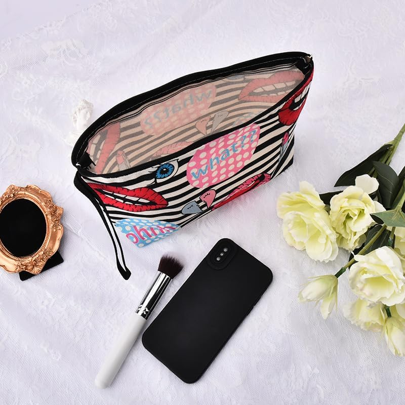 Funny Lips Print Makeup Bag for Women Girls Stripe Travel Cosmetic Pouch for Best Friend Bestie Anniversary Birthday Gifts for Daughter Fashionistas Lipstick Print Make up Organizer Makeup Lover Gift image number 5