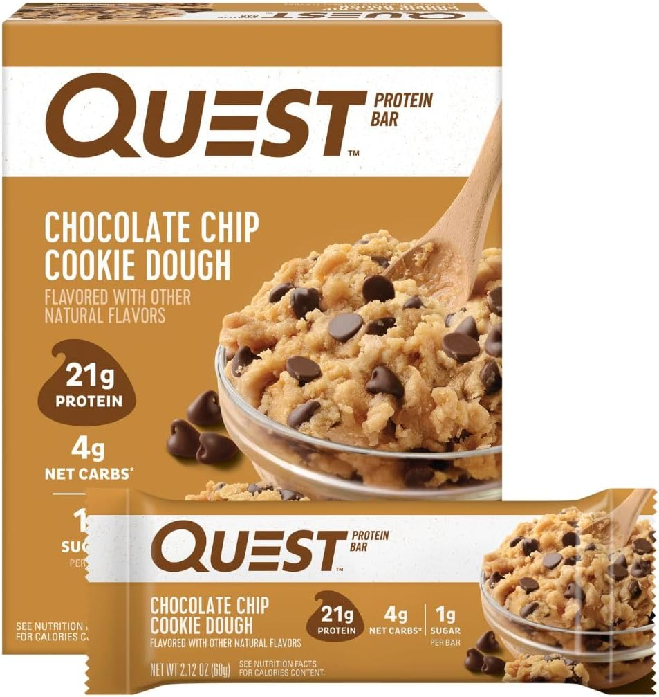 Quest Nutrition Chocolate Chip Cookie Dough Protein Bars, 21G Protein, 4, Net Carbs, 1G Sugar, Gluten Free, Keto Friendly, 4 Count