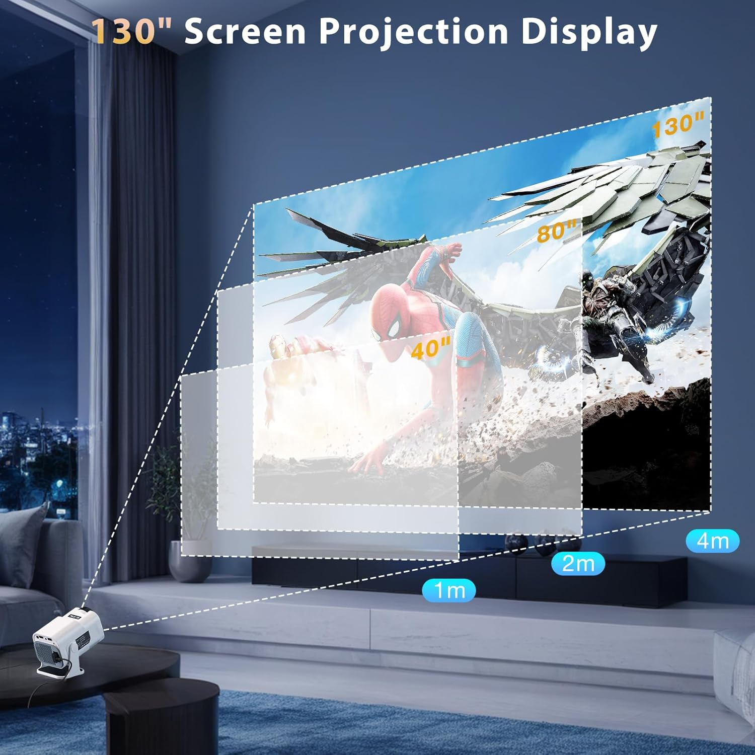 Mini Projector, Portable Projector Auto Keystone, Native 4K 1080P Smart Projector with Wifi 6, Bluetooth 5.0, Built-In Android 11.0, 10000 Lumens, Screen Adjustment, 180 Degree Rotation, White