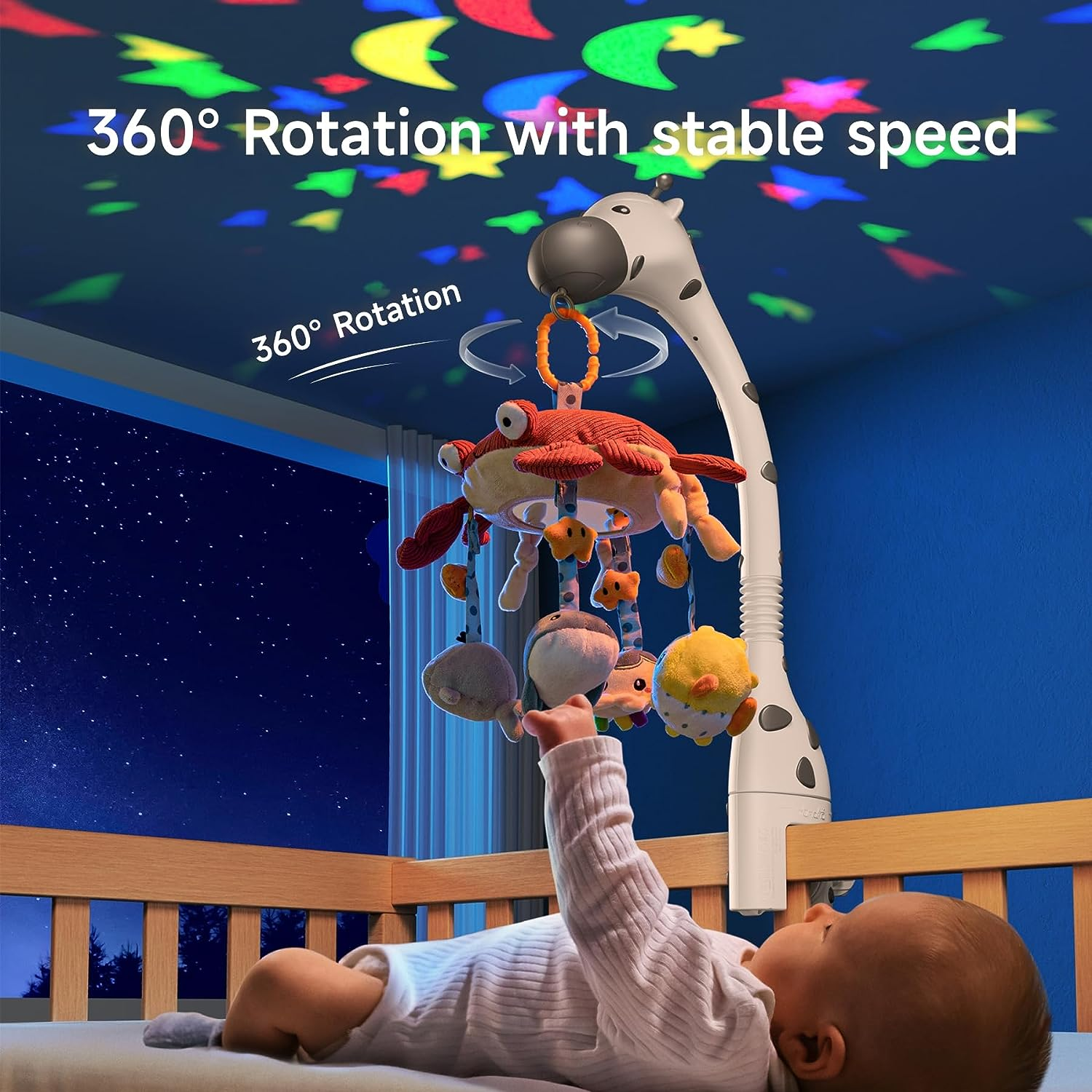 Tumama Baby Musical Cot Crib Mobile Remote Control with Mirror Soft Animals Hanging Toys Lights Lullaby Rotating Projector Sleeping,Piano,Natural Music,Auto Off,Mute Spin Motor Infant Newborn Gift image number 1
