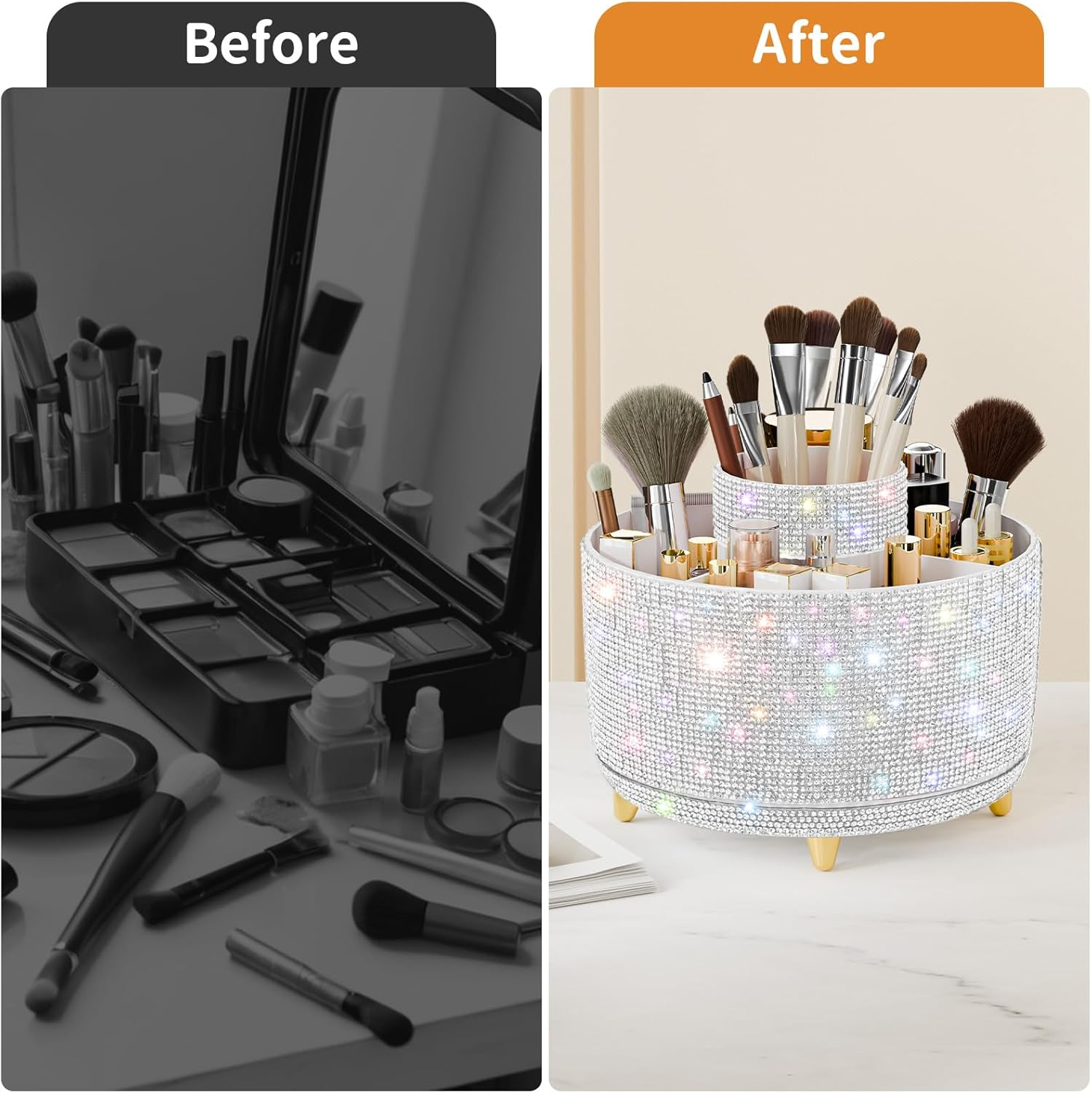 Fanado Bling Diamond Makeup Brush Holder, 360&deg; Rotating Makeup Organizer, 5 Slot Make up Brushes Cup for Countertop, Storage for Cosmetics Pen Eyeliner Skincare on the Vanity (Diamond White) - Diamond White Ab image number 4