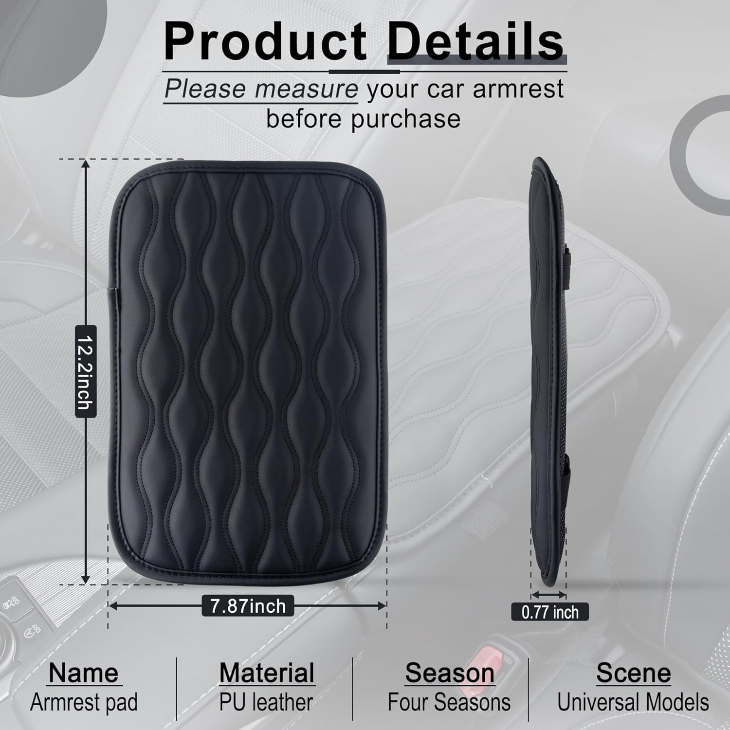 Amiss Auto Center Console Pad, Universal Waterproof Armrest Seat Box Cover, Car Interior Accessories, Leather Auto Armrest Cover Protector for Most Vehicle, SUV, Truck (Black)