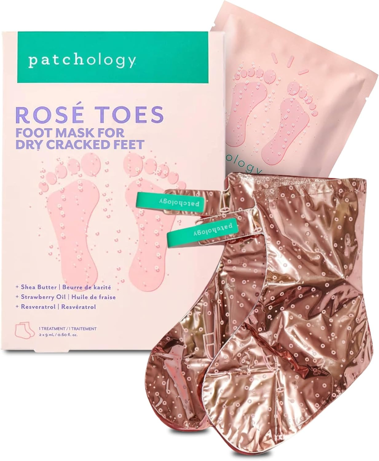 Patchology Ros&eacute; Toes Moisturizing Foot Mask &ndash; Shea Butter & Strawberry Scented Booties for Dry, Cracked Feet, Disposable Spa Socks with Resveratrol for Soothing Foot Care, Self-Care Essentials image number 6