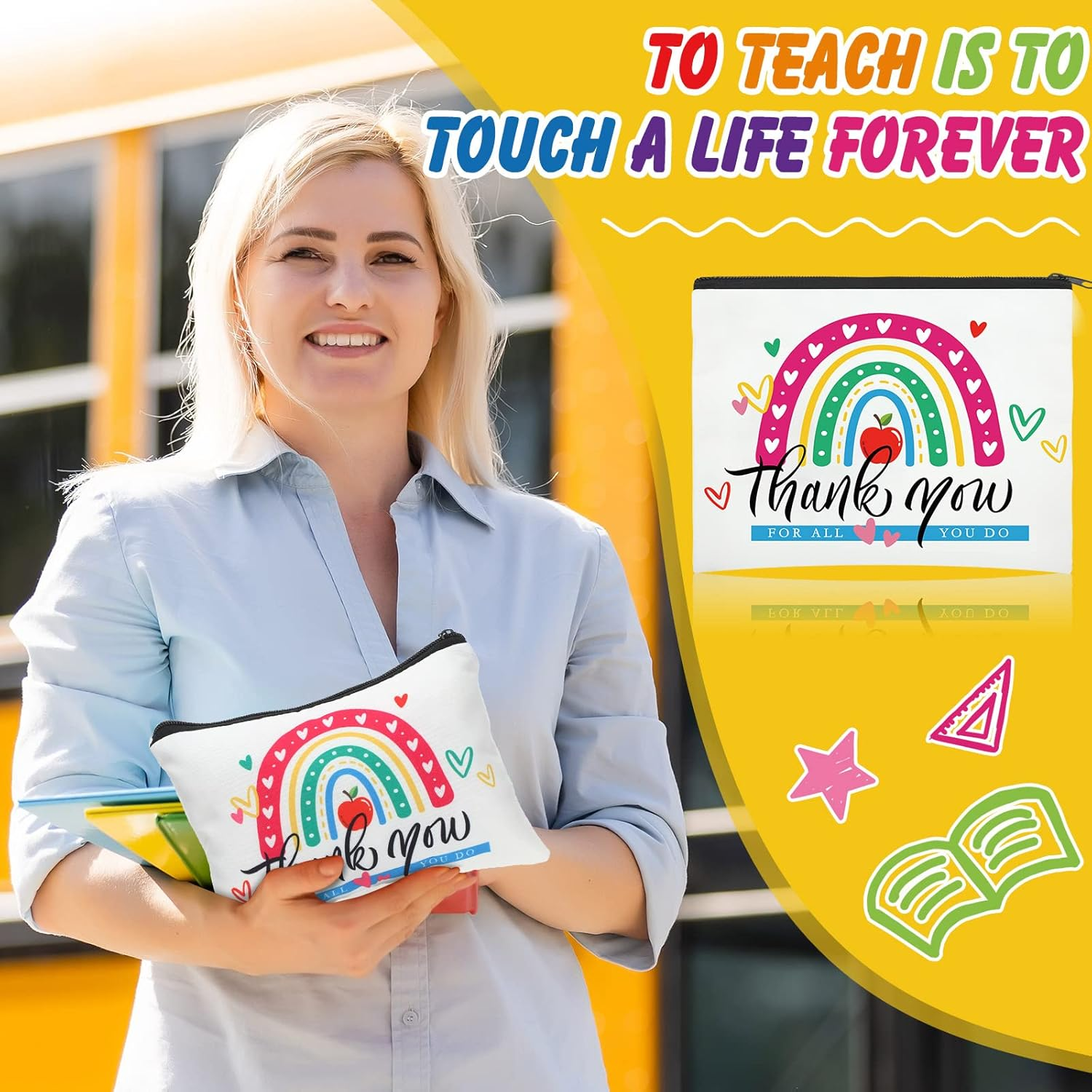 Hillban 32 Pieces Teacher Back to School Gifts Teacher Appreciation Gifts Women Cosmetic Makeup Bag Funny Pencil Pouch for Graduation Birthday, Multicolor, about 9.1 X 5.9 Inches/ 23 X 15 Cm, Cute image number 2