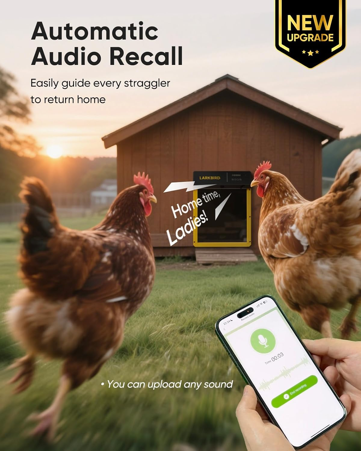 LARKBIRD Automatic Chicken Coop Door with Audio Recall Function, Solar Chicken Coop Door with Timer & Light Sensor, App Control Chicken Door with Anti-Pinch System (Yellow) image number 1