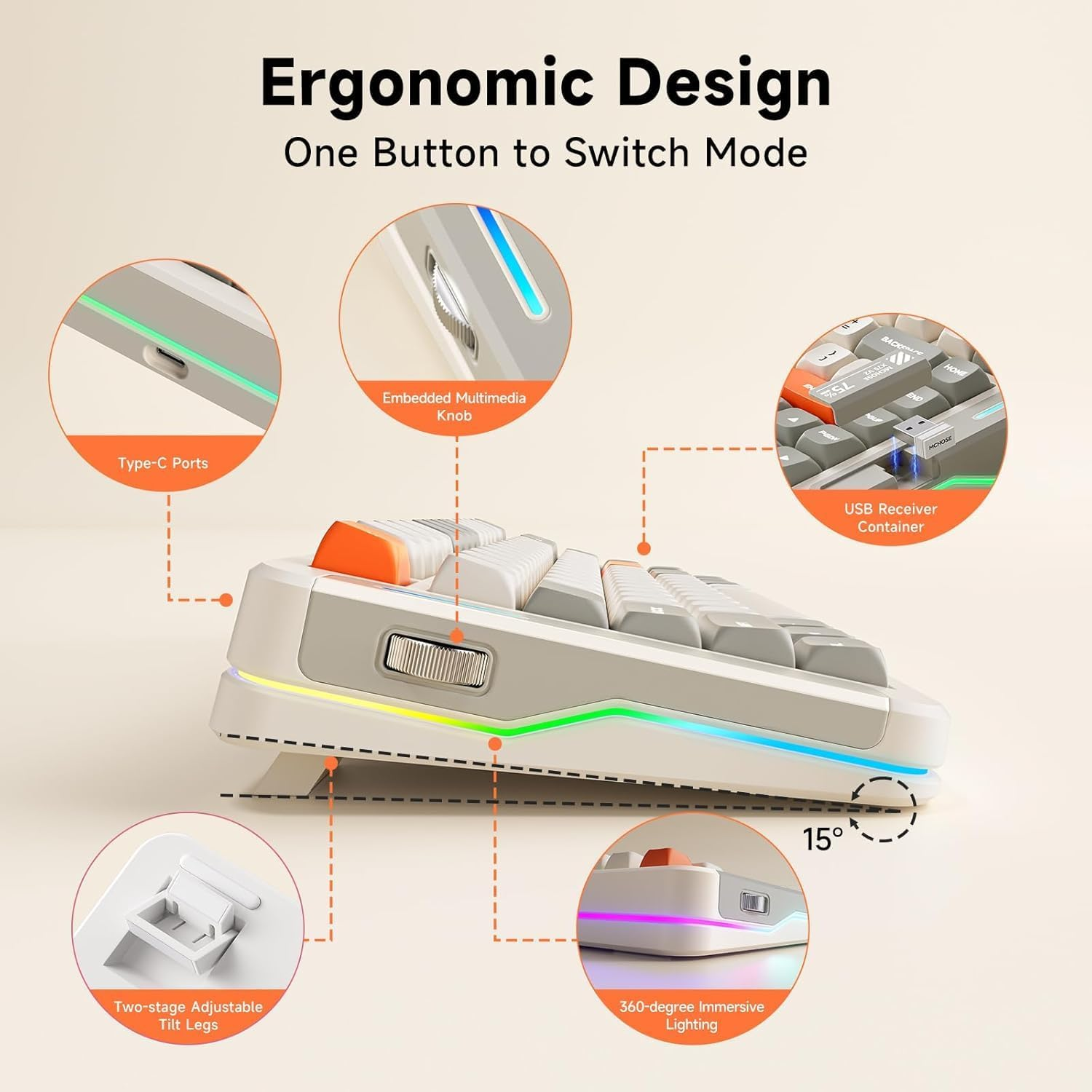 MCHOSE X75 V2 Gaming Keyboard, 75% Mechanical Keyboard Knob Control, Hot Swappable Custom Wireless Keyboards Tri-Mode 2.4G/BT5.0/USB-C, RGB Backlit Retro White (Retro White) image number 3