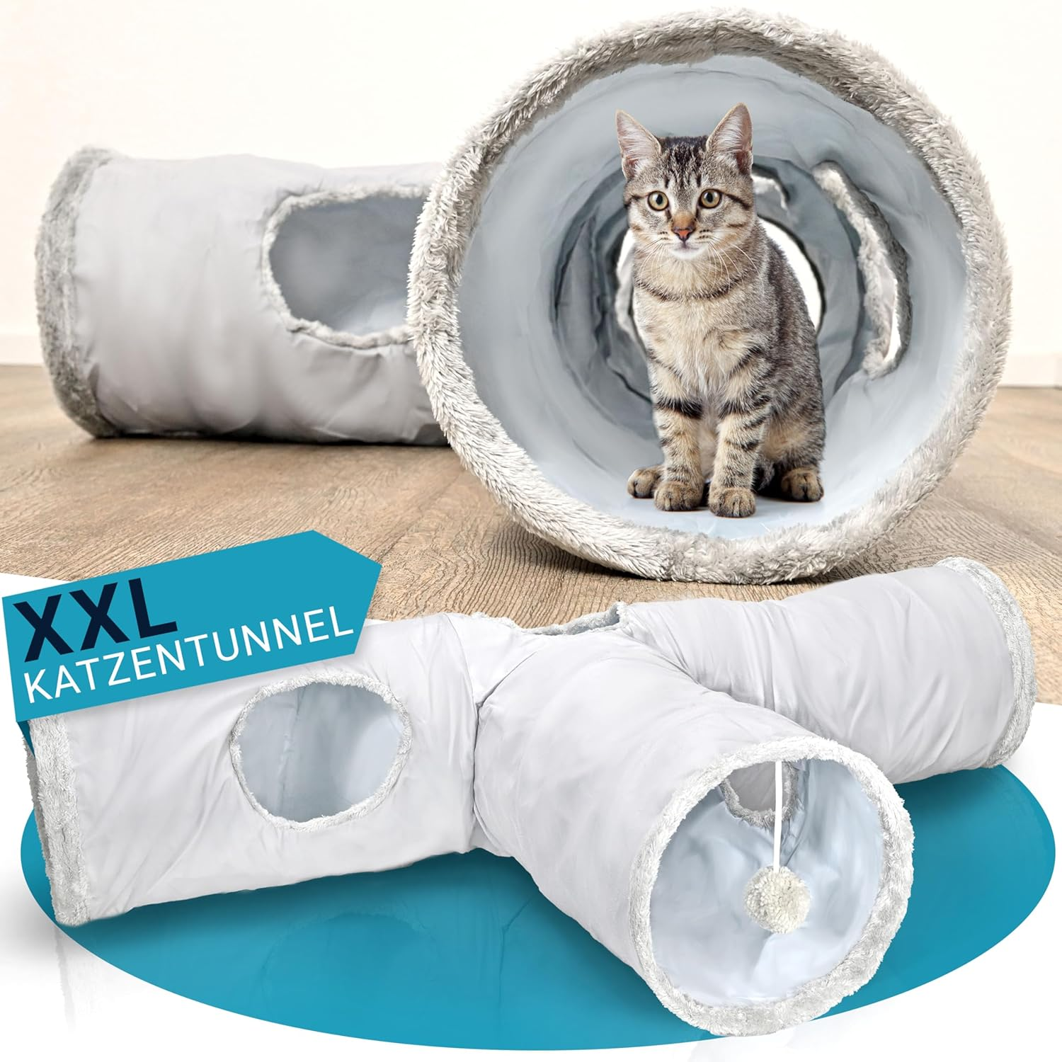 PFOTENGUT&reg; XXL Cat Tunnel for Small and Large Cats - Robust Play Tunnel for Your Cat - 115 Cm Long Tunnel with Various Openings Including Play Ball