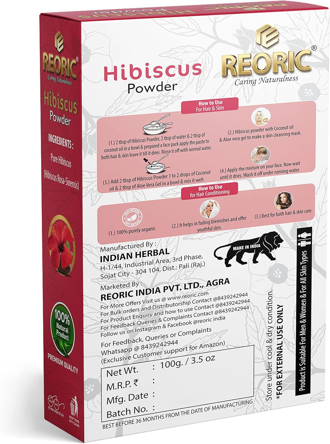 Reoric Amla Reetha Shikakai Bhringraj Hibiscus Powder(500G, Pack of 5) |Soap Nuts for Hair |Indian Gooseberry Powder |Acacia Concinna |Aritha Powder, Separate Pack image number 5