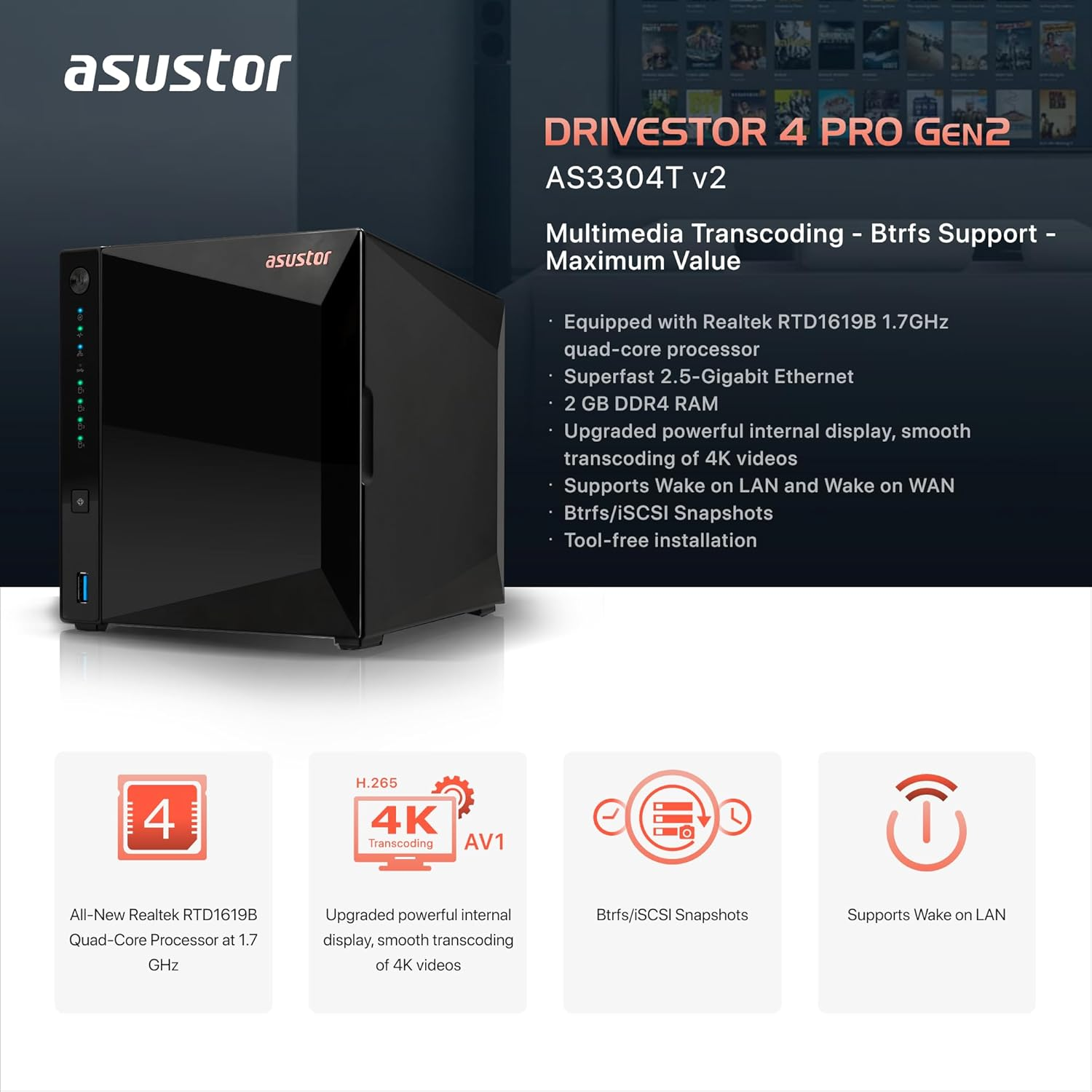 Asustor Drivestor 4 Pro Gen2 AS3304T V2, 4 Bay NAS Storage, 1.7Ghz Quad-Core, 2.5Gbe Port, 2GB RAM DDR4, Network Attached Storage Device for Home Personal Cloud Storage (Diskless) image number 2