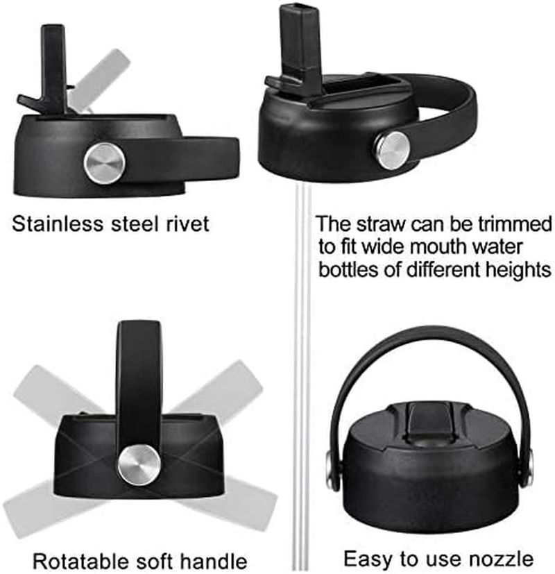 FLORAPELL Straw Lid for Hydro Flask Wide Mouth Water Bottles, Top Lids with Straw Compatible with Hydro Flask 32 40 Oz, Replacement Cap Wide Mouth Accessories Flip Lid Flex Handle (Black - 2 Pack) image number 3