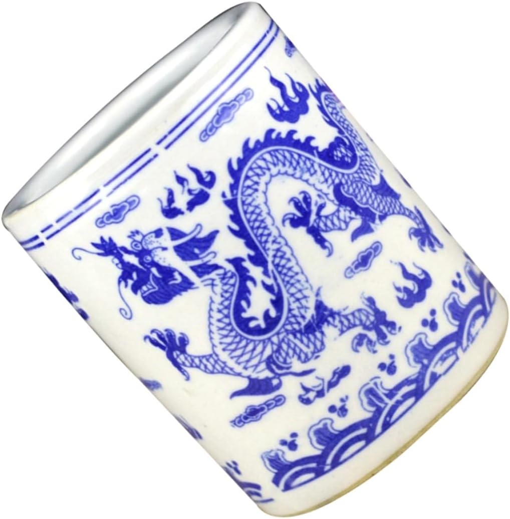 TEHAUX Blue and White Porcelain Pen Holder Ceramic Retro Writing Supply Antique Decor for Desk Storage Box Lid image number 3