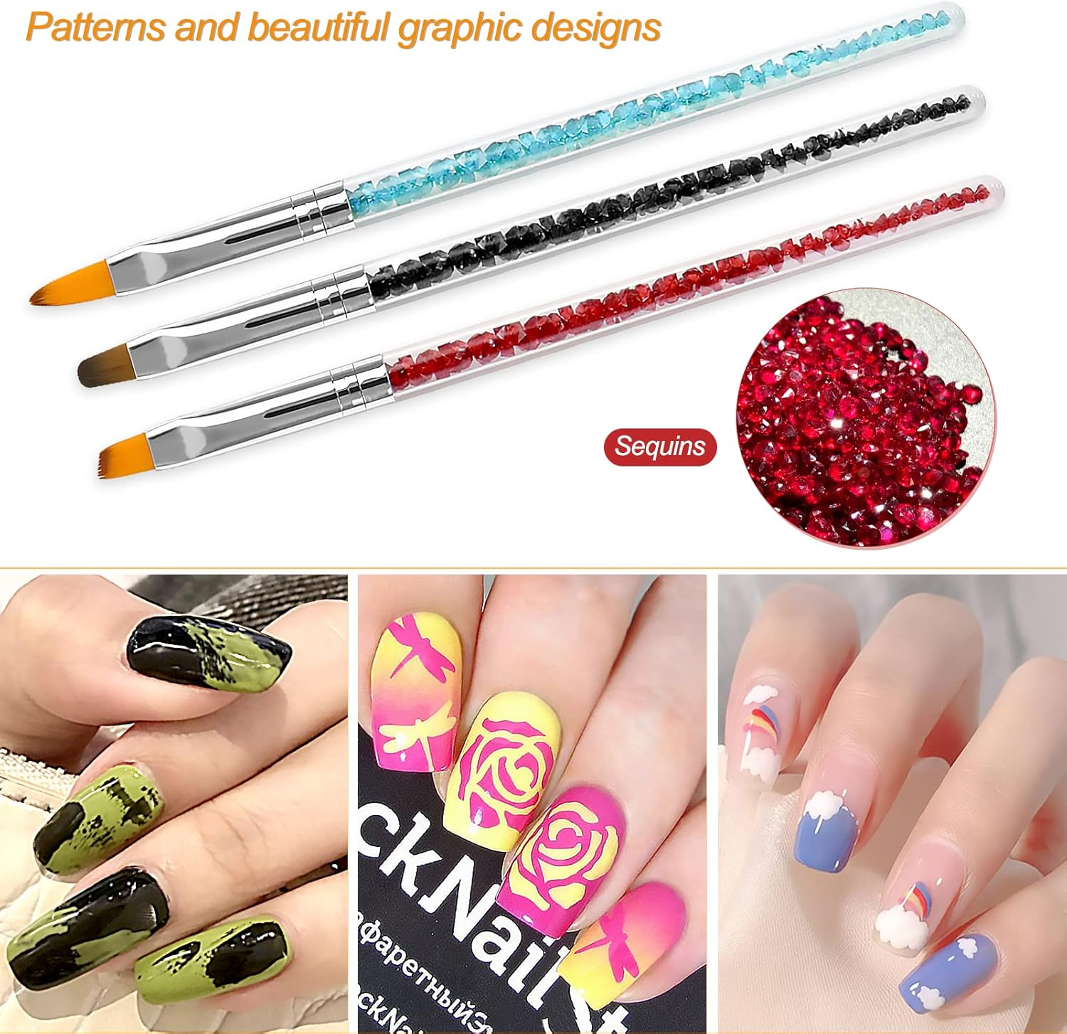 8PCS Function Nail Brush, Nail Liner Brush, Double Ended Nail Art Pen Brushes with Glitter Handle, for DIY Nail Art Designs Dot Pen Tools for Women Girls image number 4