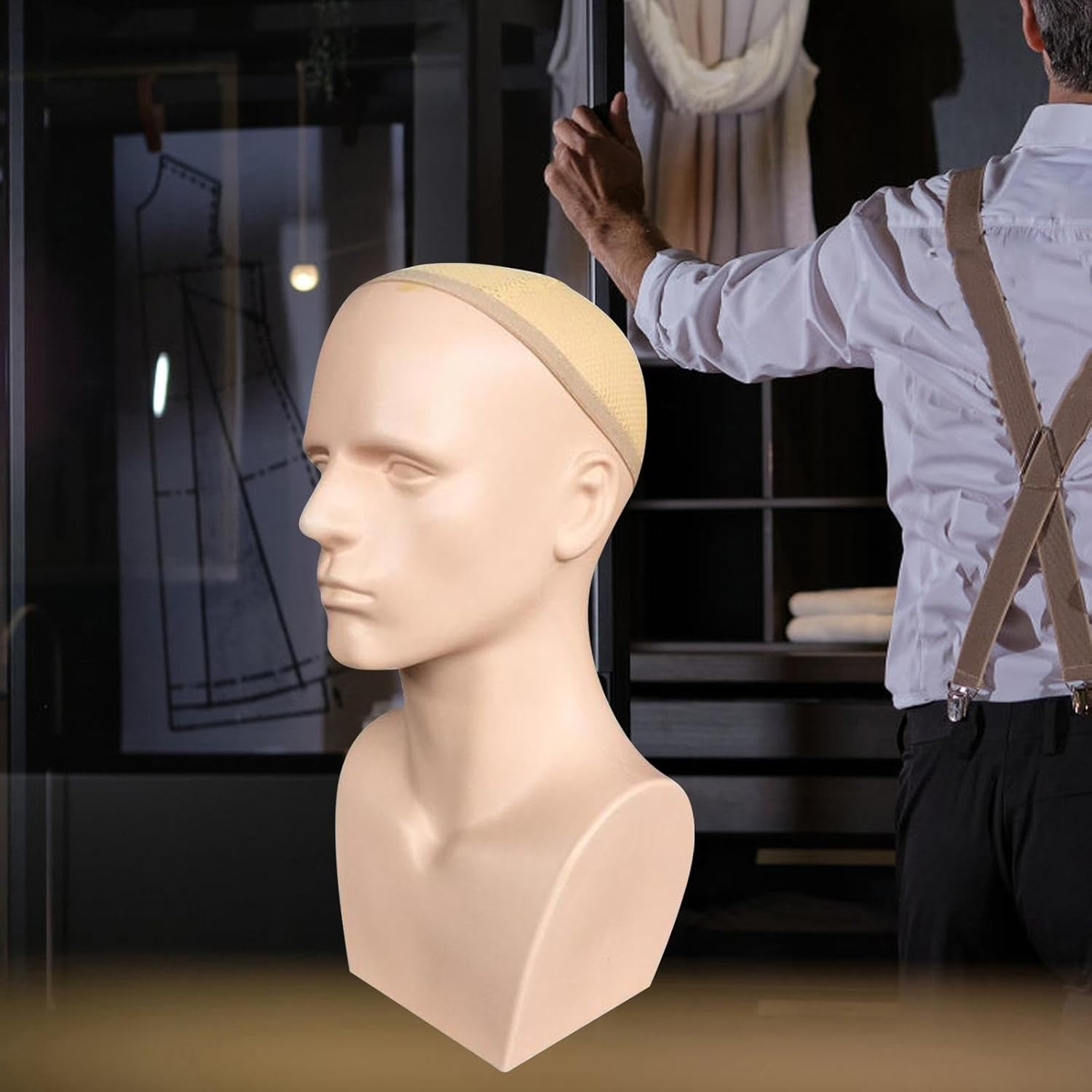 "Abbraccia" Male Mannequin Head with Shoulders,Manikin Head Training Head Wig Display Stand for Hair, Hats, Makeup Practice Headphone, Skin - Skin image number 4