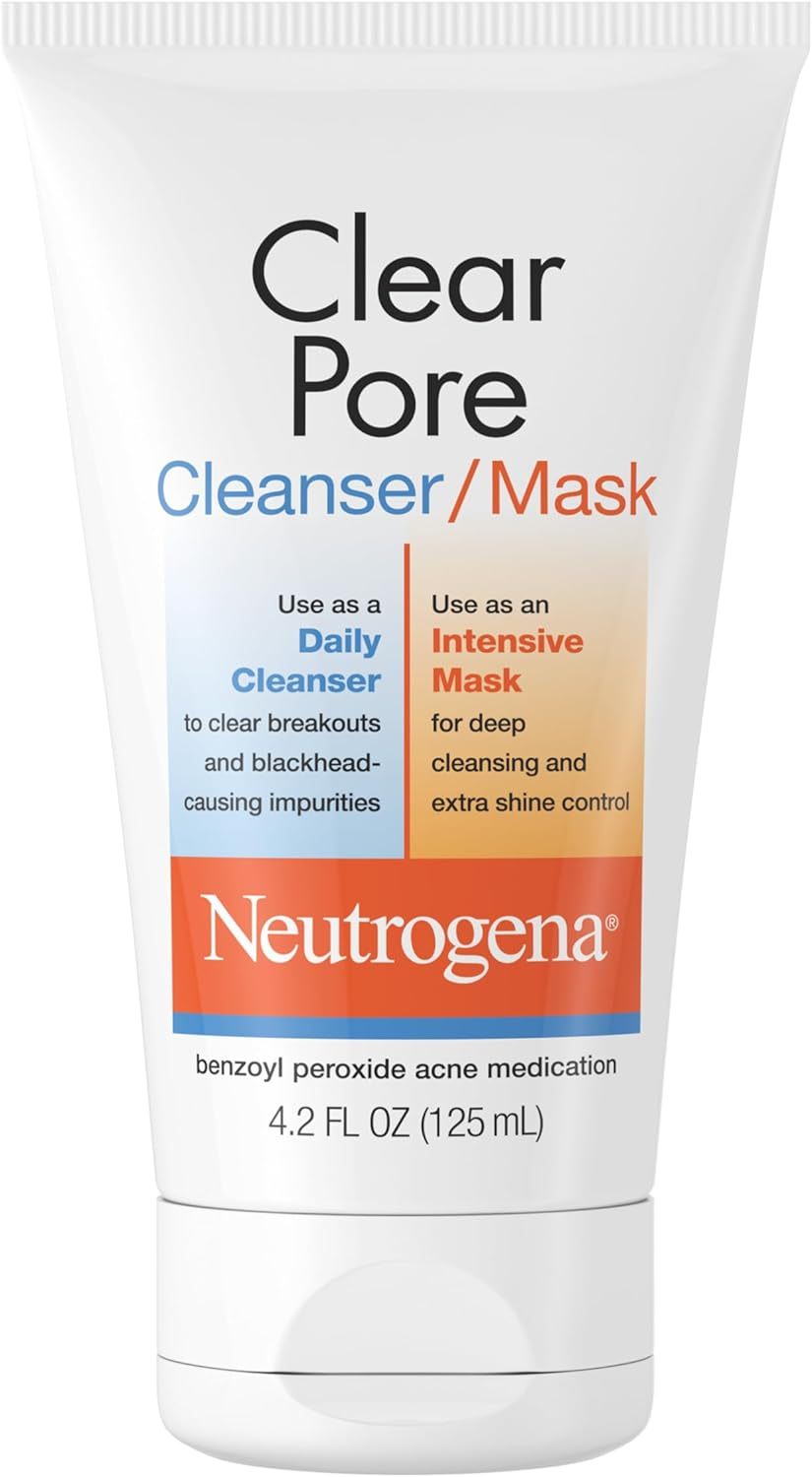 Neutrogena Clear Pore 2 in 1 Facial Cleanser/Face Mask with Kaolin & Bentonite Clay & 3.5% Benzoyl Peroxide Acne Treatment Medication, Daily Face Wash & Shine Control Clay Mask, 4.2 Fl. Oz, 3 Pack image number 3