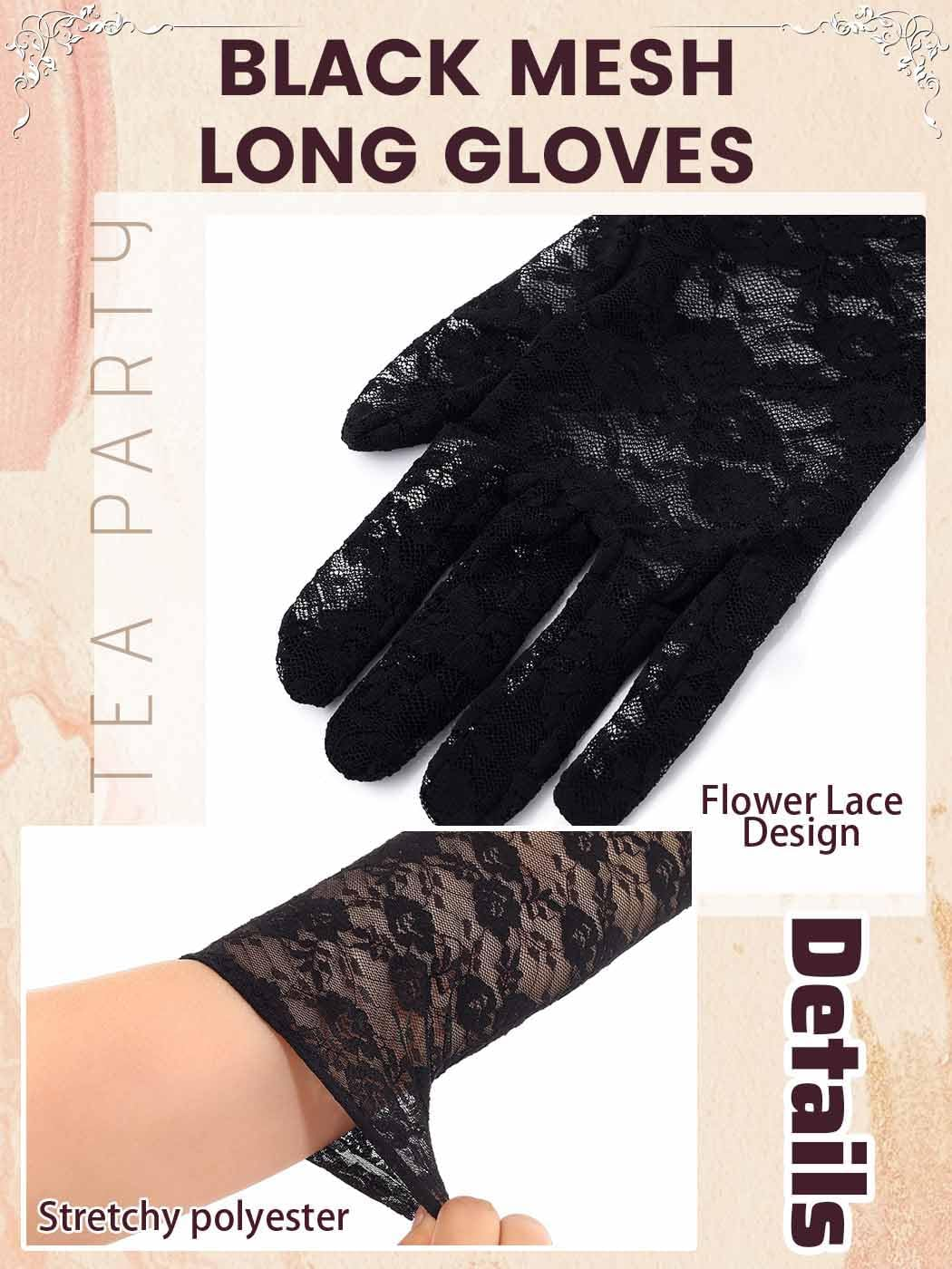 Woeoe Long Lace Gloves Black Tea Party Floral Gloves Elbow Length Cocktail Opera Parties for Women