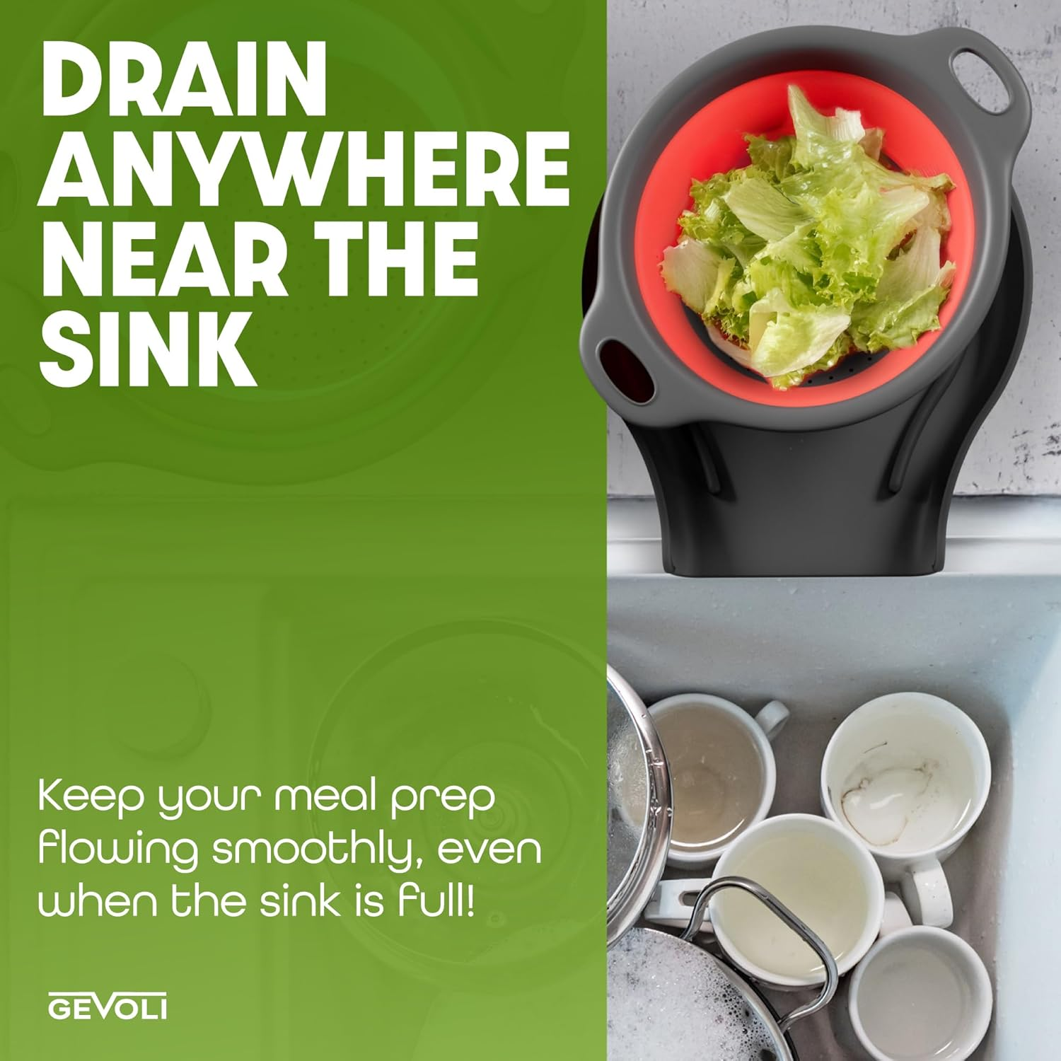 Gevoli Collapsible Colanders with Self-Draining Base for Edge of Sink, Food Strainers (Small/Med/Large), Nested Design for Easy Storage (Red, Blue, Green) (4PC Set) image number 5
