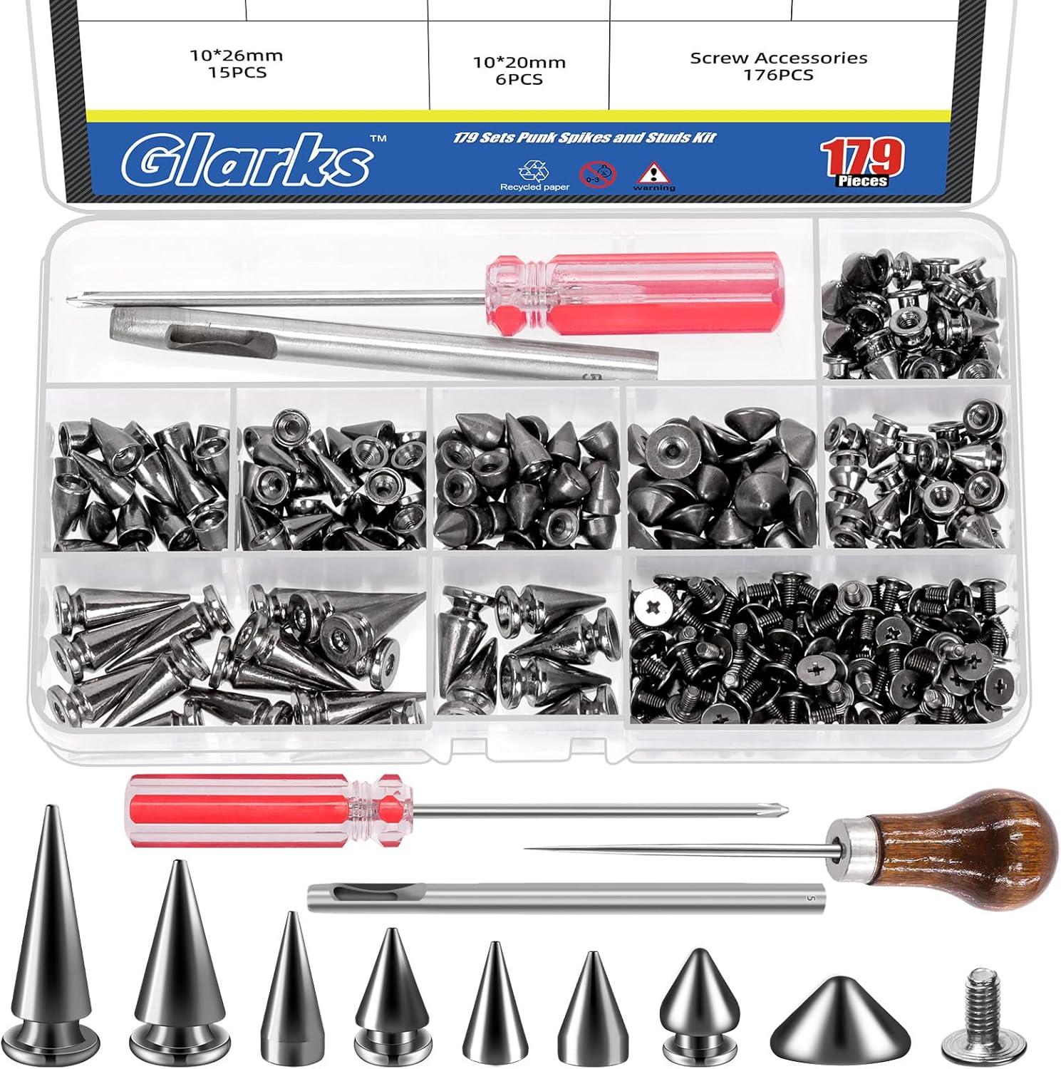 Glarks 355Pcs Silver Punk Spikes and Studs Kit, 7 Sizes Zinc Alloy Cone Spike and Stud Rivet, Metal Leather Tree Spikes Studs with Scratch Awl Screwdriver Punch for Punk Clothing Jacket Shoes Wallet