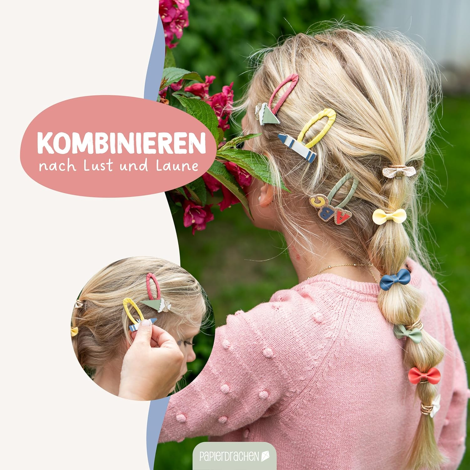 Papierdrachen Hair Accessories Set - Perfect for Starting School - 48 Hair Clips and Hair Bobbles in Many Colours - Children'S Sparrow with Glitter and Fabric Cover - School Pastel - Set of 13 image number 4