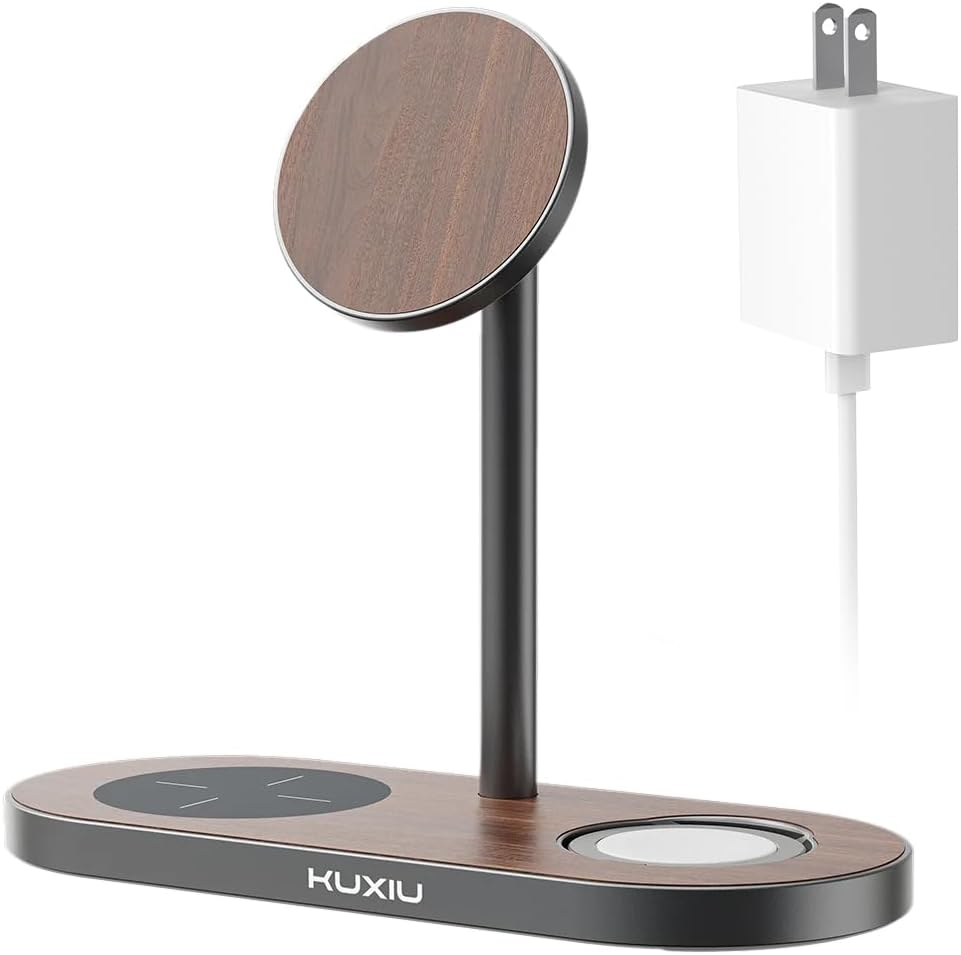 KU XIU X23 PRO Magnetic Wireless Charger Stand, 3 in 1 Wireless Charging Station for Iphone 17/16/15/14/13/12, 5W for Iwatch Ultra/Se/S11-4, Airpods 4/3/2/Pro - Wood Grain image number 1